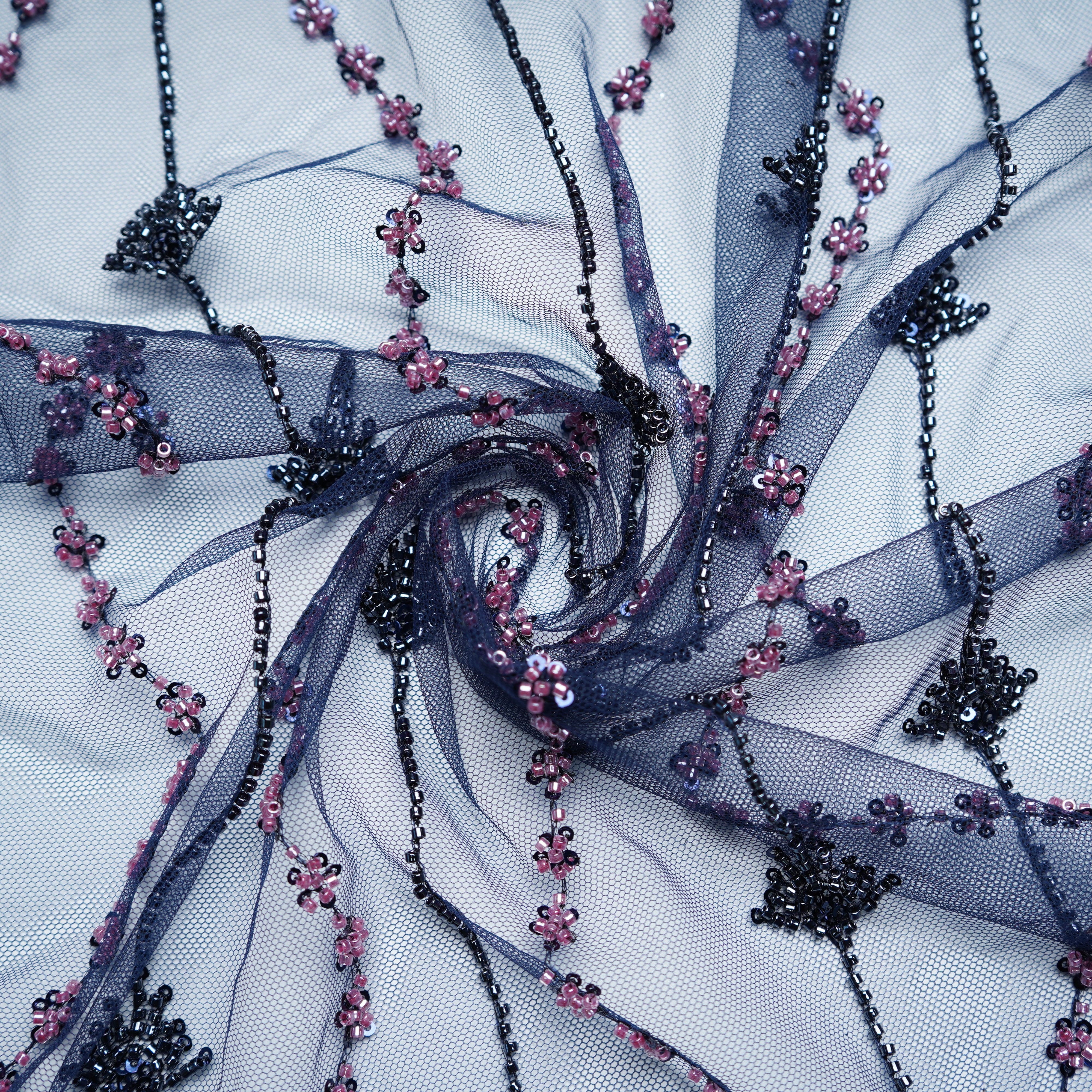 Navy Blue Beads Embroidery Premium Net Fabric 18803