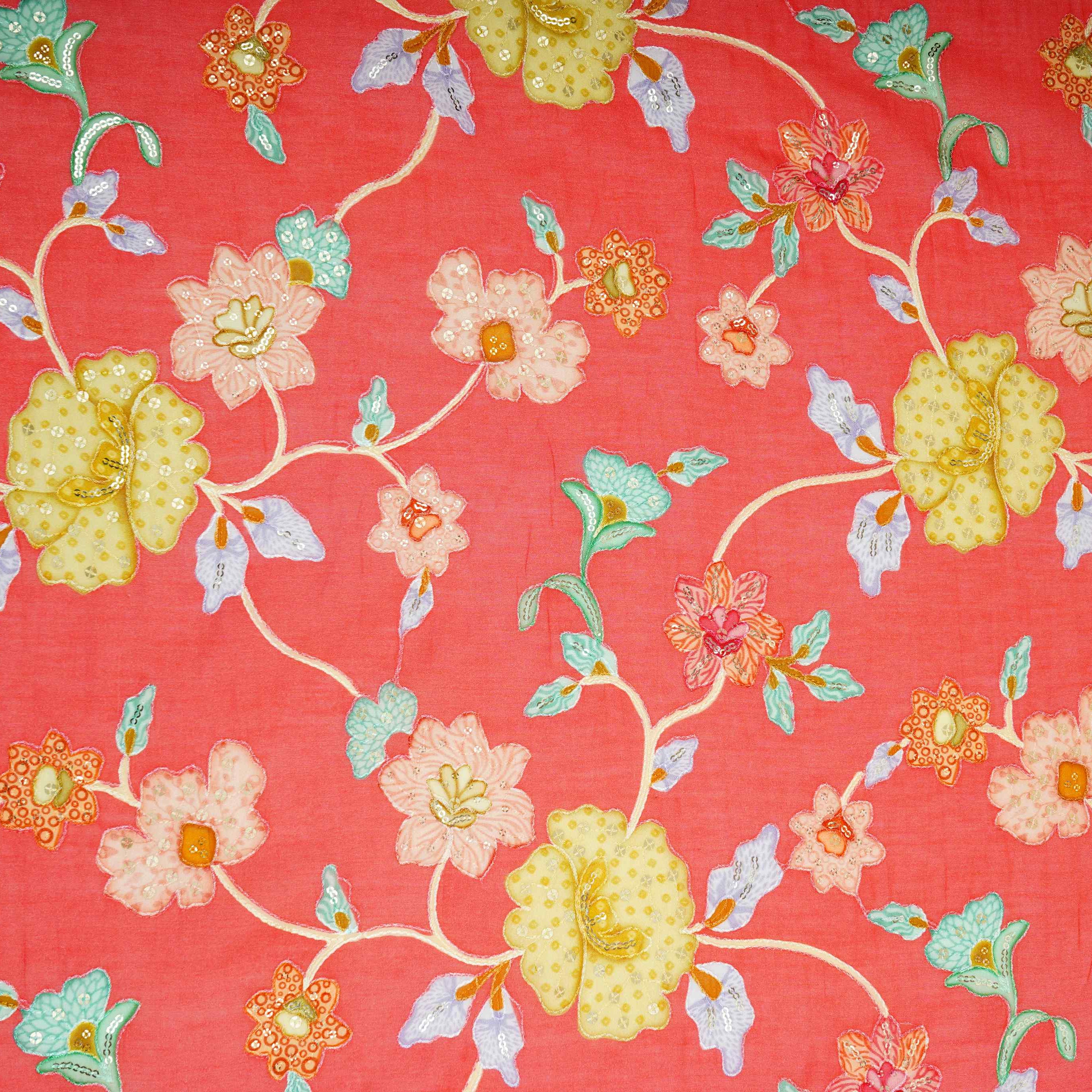Coral Pink floral embroidery Mul Chanderi Fabric GTS-31132 - TradeUNO