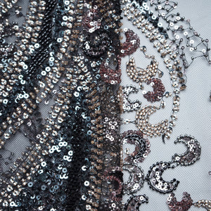 Black Silver Pearl Heavy Sequins Embroidery Net Fabric 15007