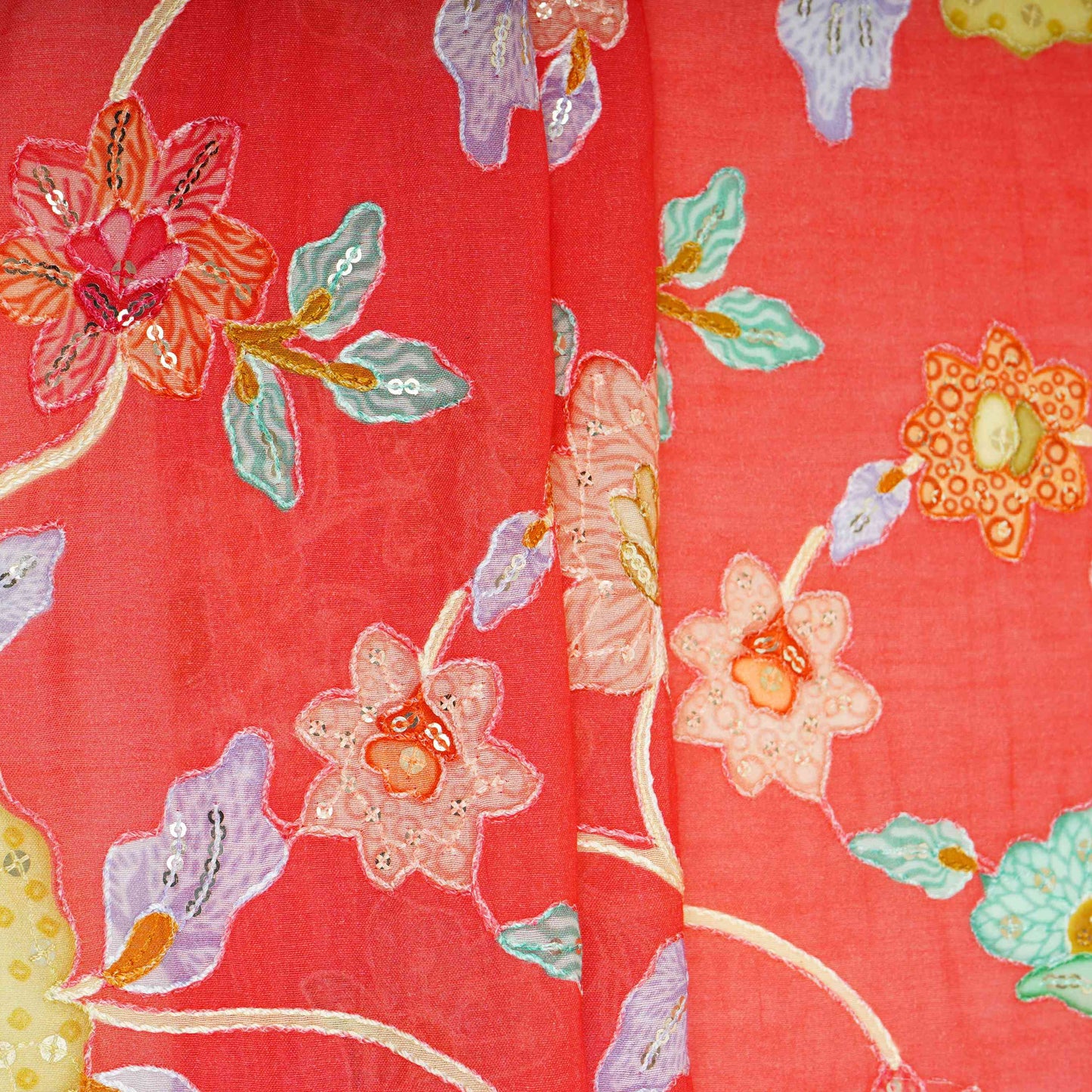 Coral Pink floral embroidery Mul Chanderi Fabric GTS-31132
