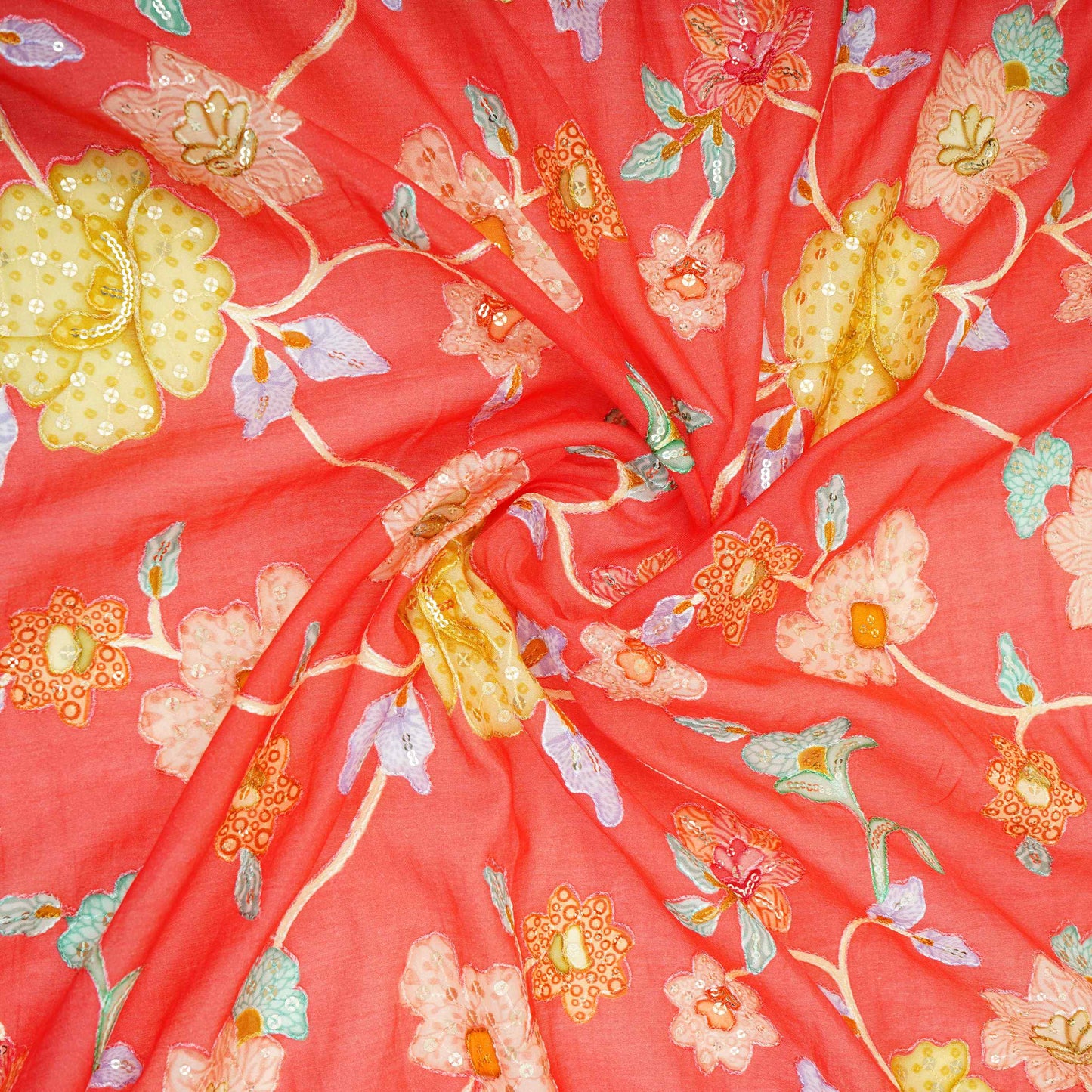 Coral Pink floral embroidery Mul Chanderi Fabric GTS-31132