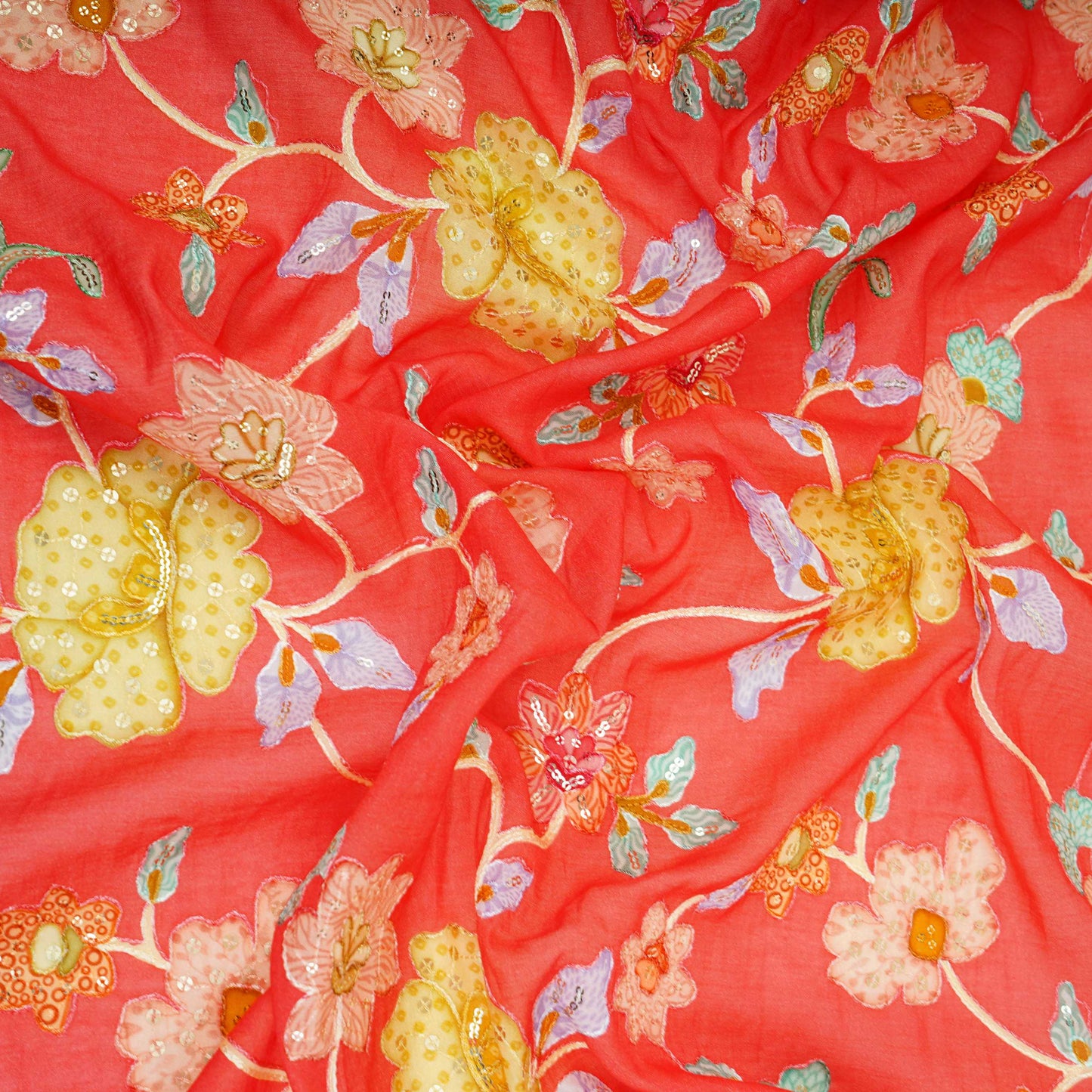 Coral Pink floral embroidery Mul Chanderi Fabric GTS-31132
