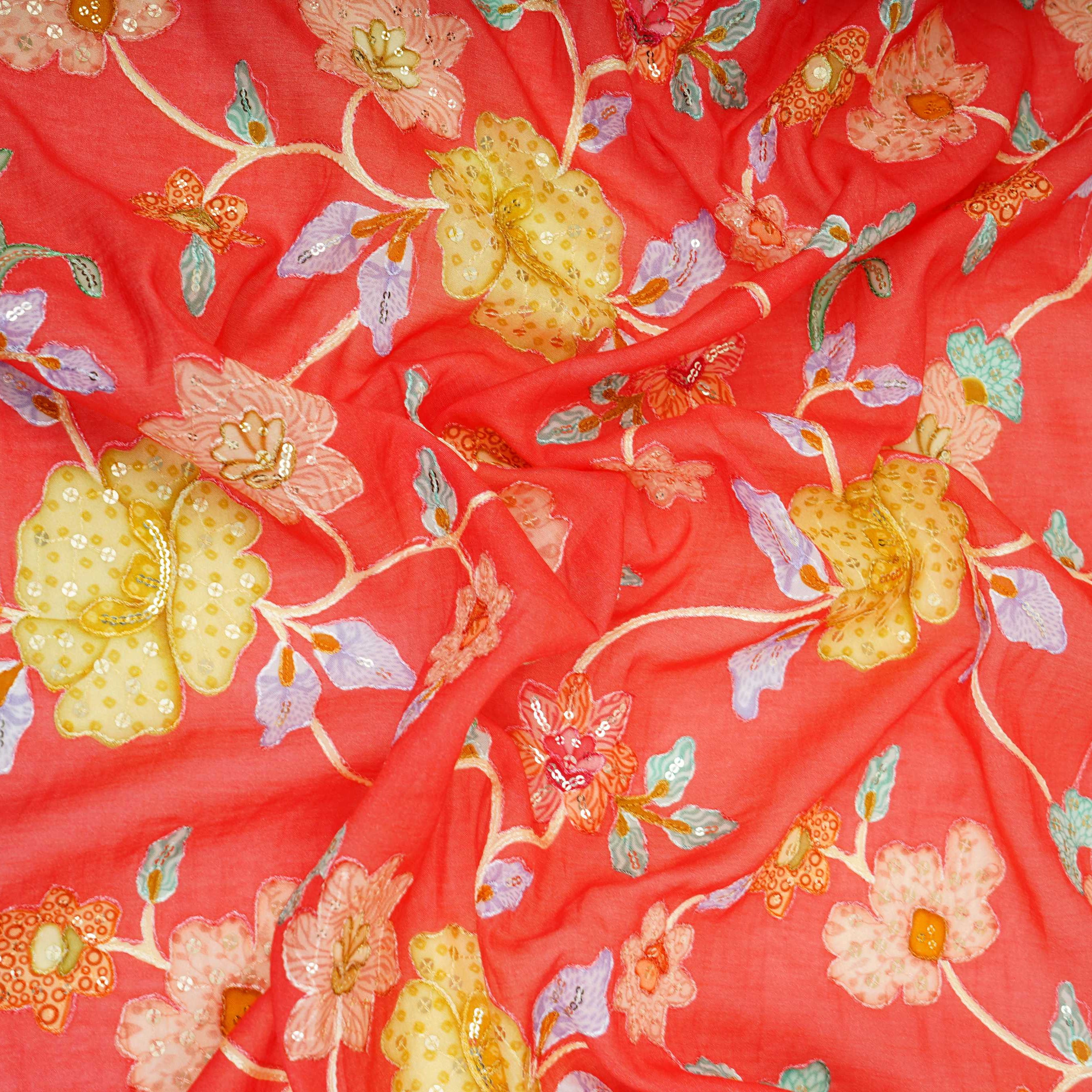Coral Pink floral embroidery Mul Chanderi Fabric GTS-31132 - TradeUNO