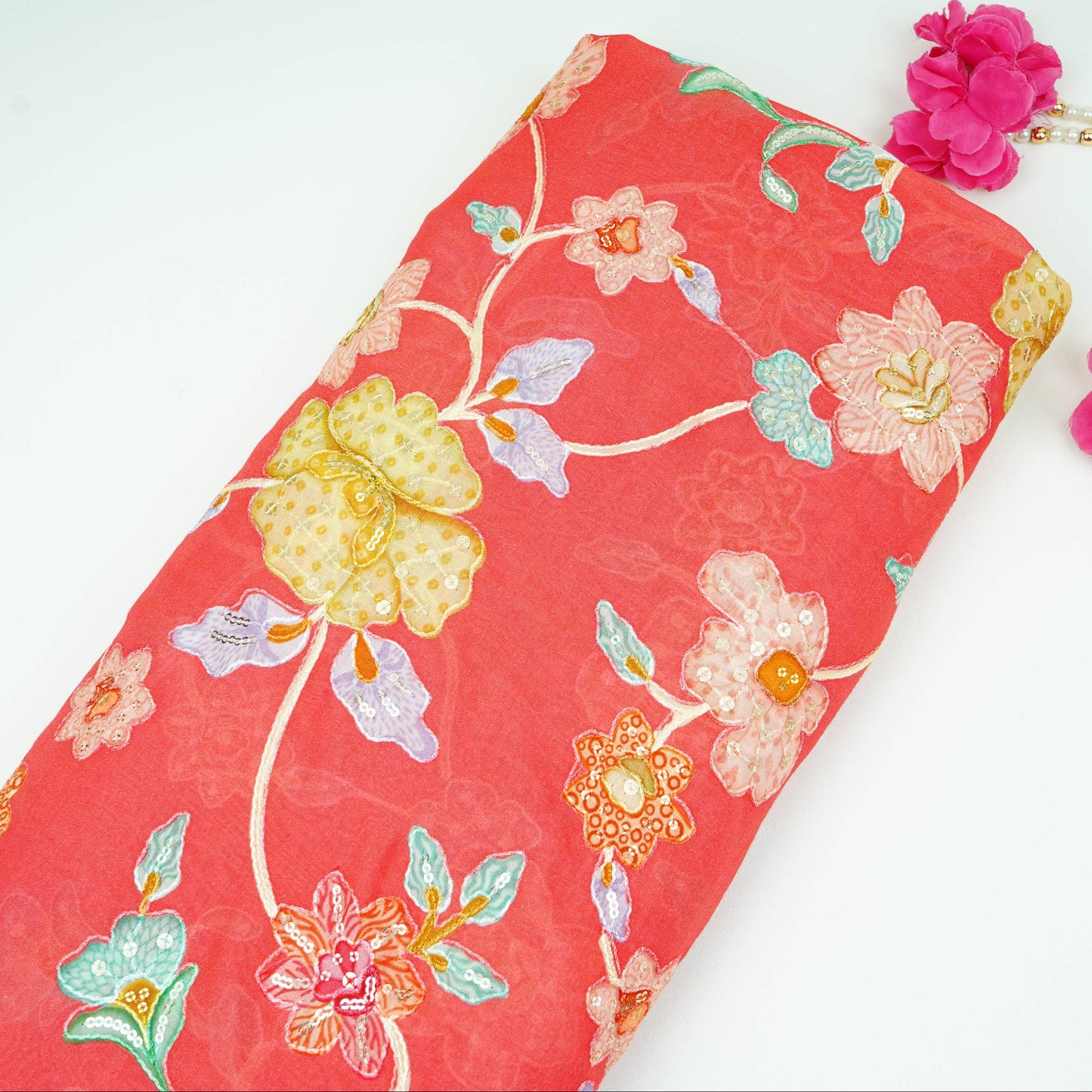 Coral Pink floral embroidery Mul Chanderi Fabric GTS-31132