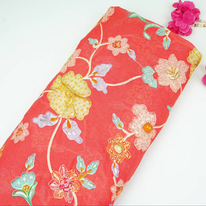 Coral Pink floral embroidery Mul Chanderi Fabric GTS-31132 - TradeUNO