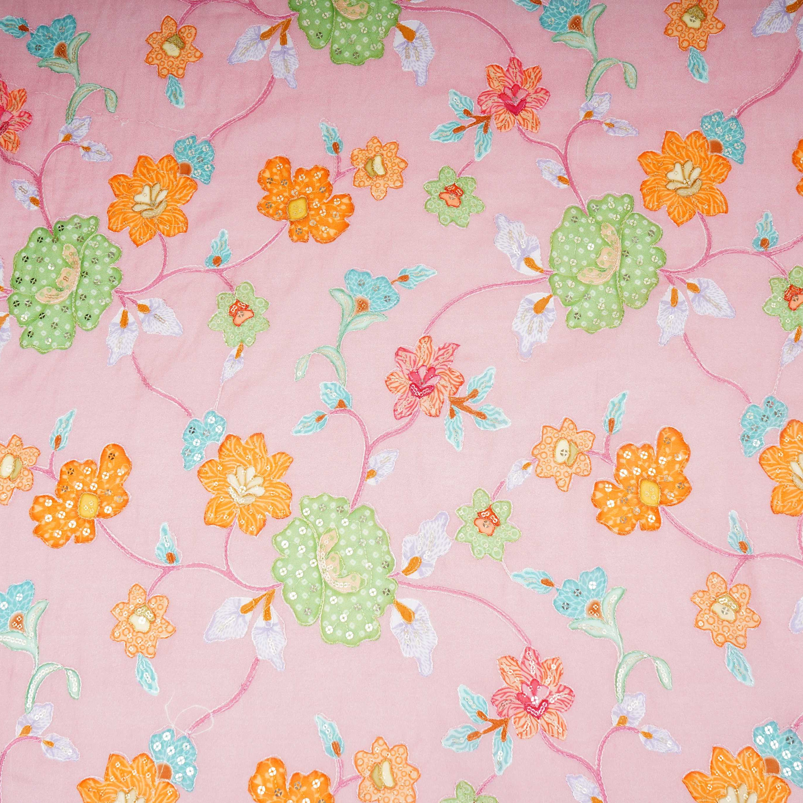 Dusty Pink floral embroidery Mul Chanderi Fabric GTS-31130 - TradeUNO