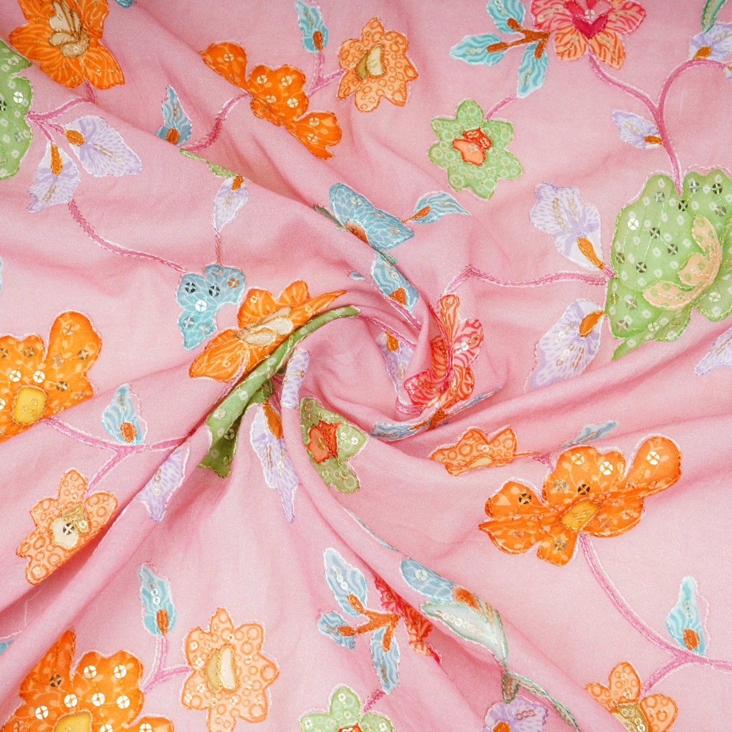 Dusty Pink floral embroidery Mul Chanderi Fabric GTS-31130