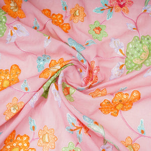Dusty Pink floral embroidery Mul Chanderi Fabric GTS-31130 - TradeUNO