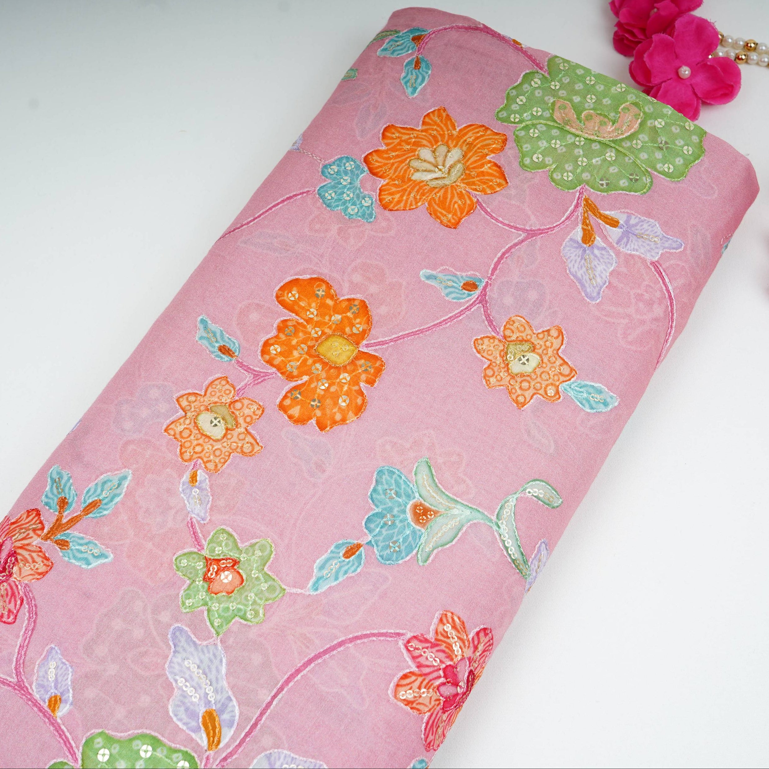 Dusty Pink floral embroidery Mul Chanderi Fabric GTS-31130 - TradeUNO