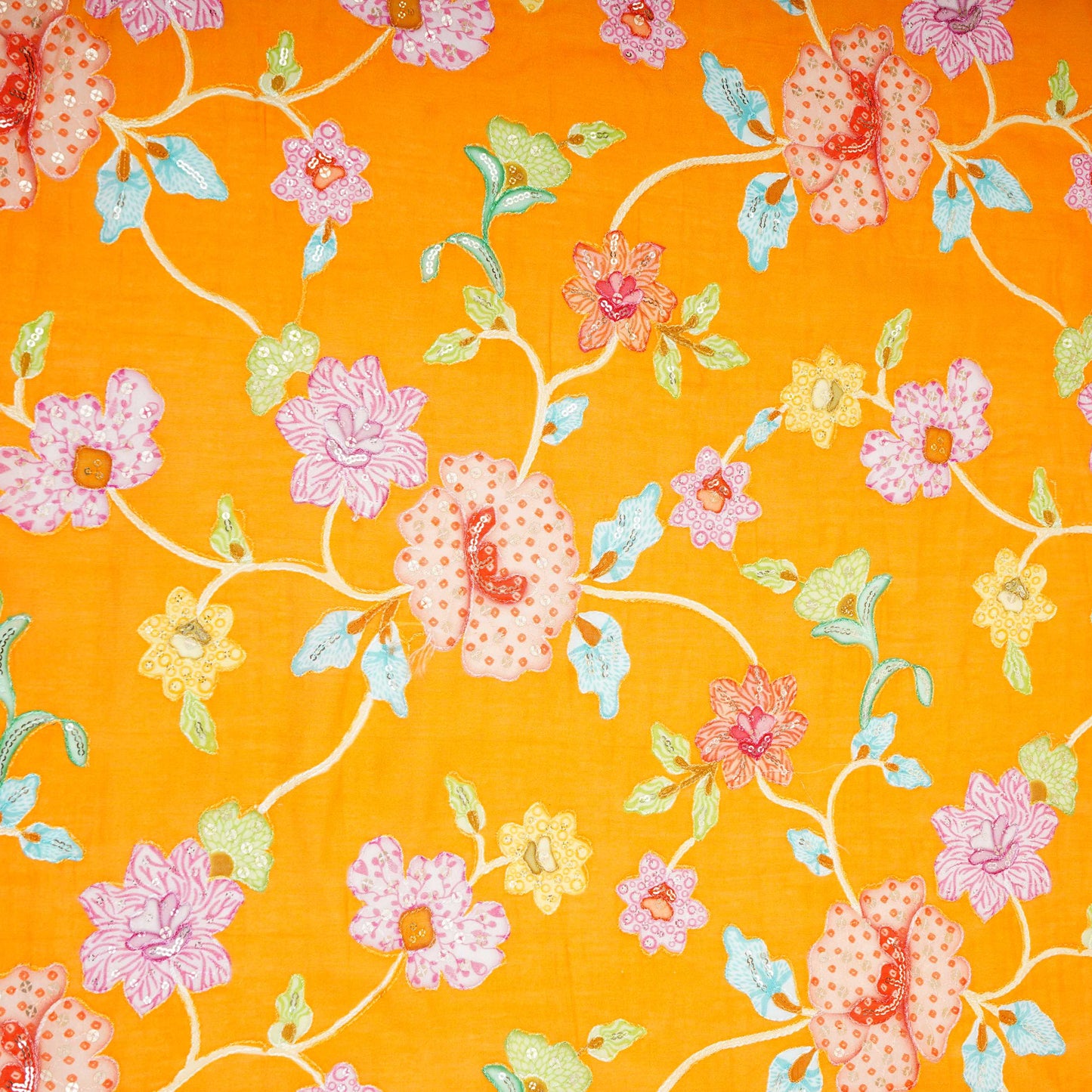 Mustard Yellow floral embroidery Mul Chanderi Fabric GTS-31131