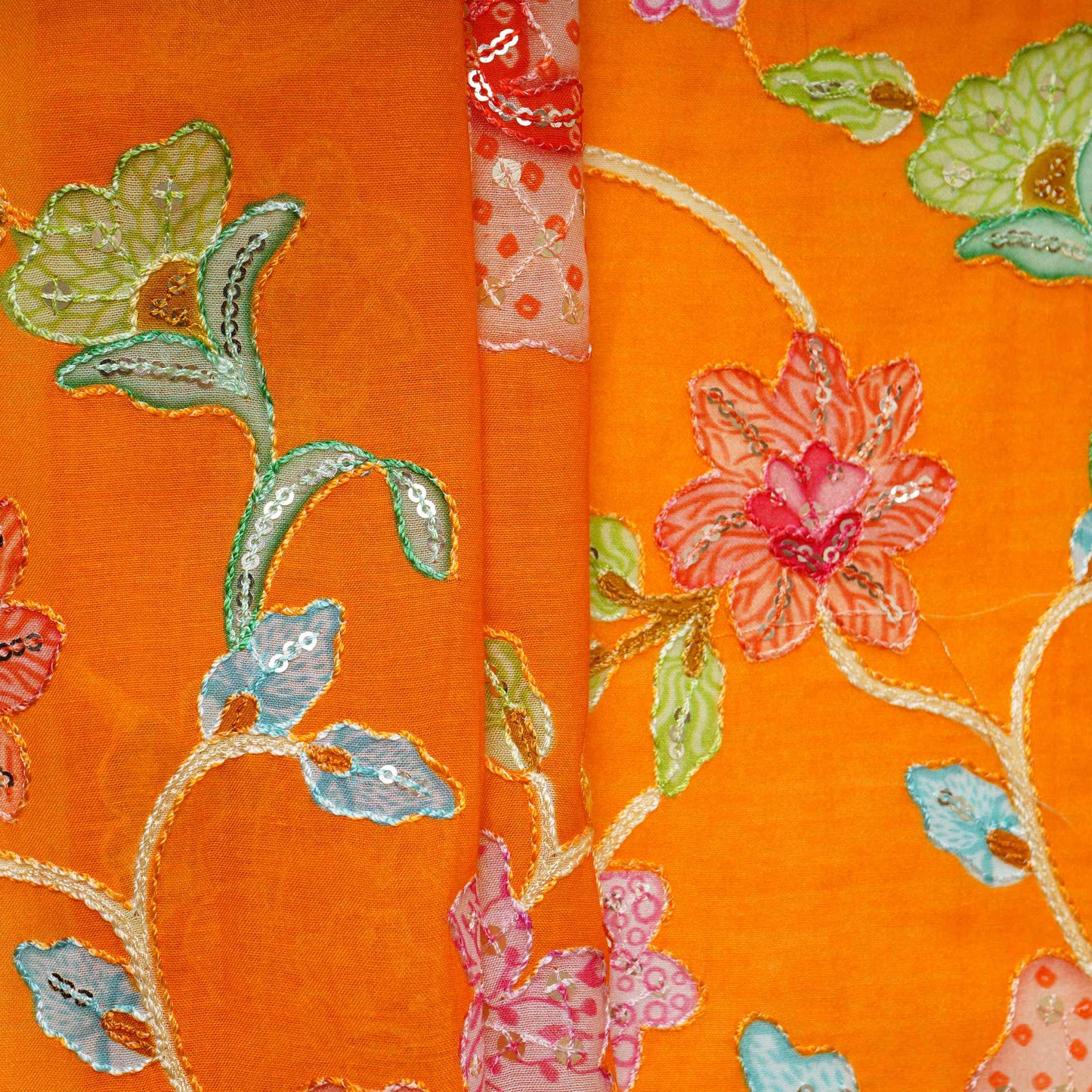 Mustard Yellow floral embroidery Mul Chanderi Fabric GTS-31131