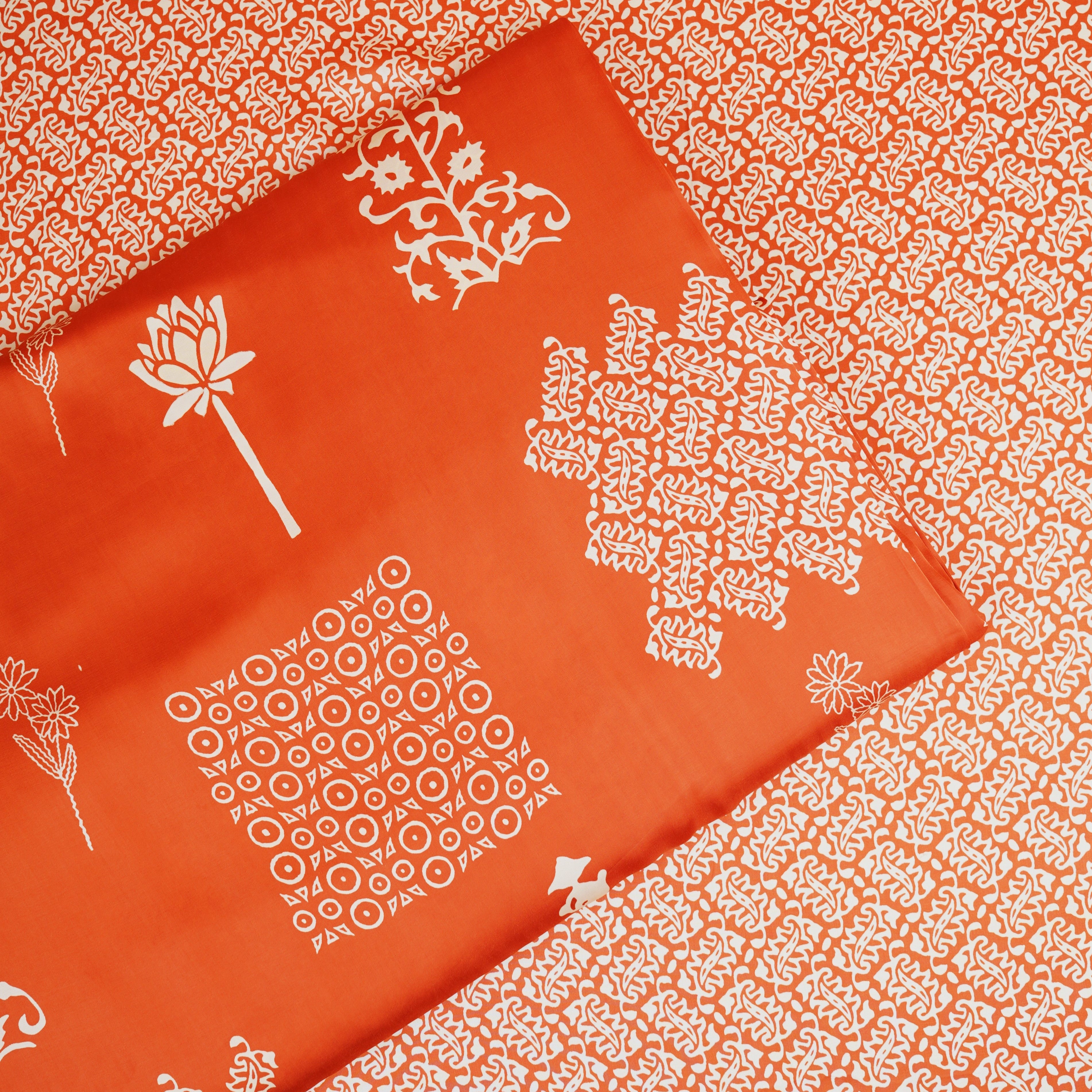 Orange Floral Block Print Modal Satin SN-29520 - TradeUNO