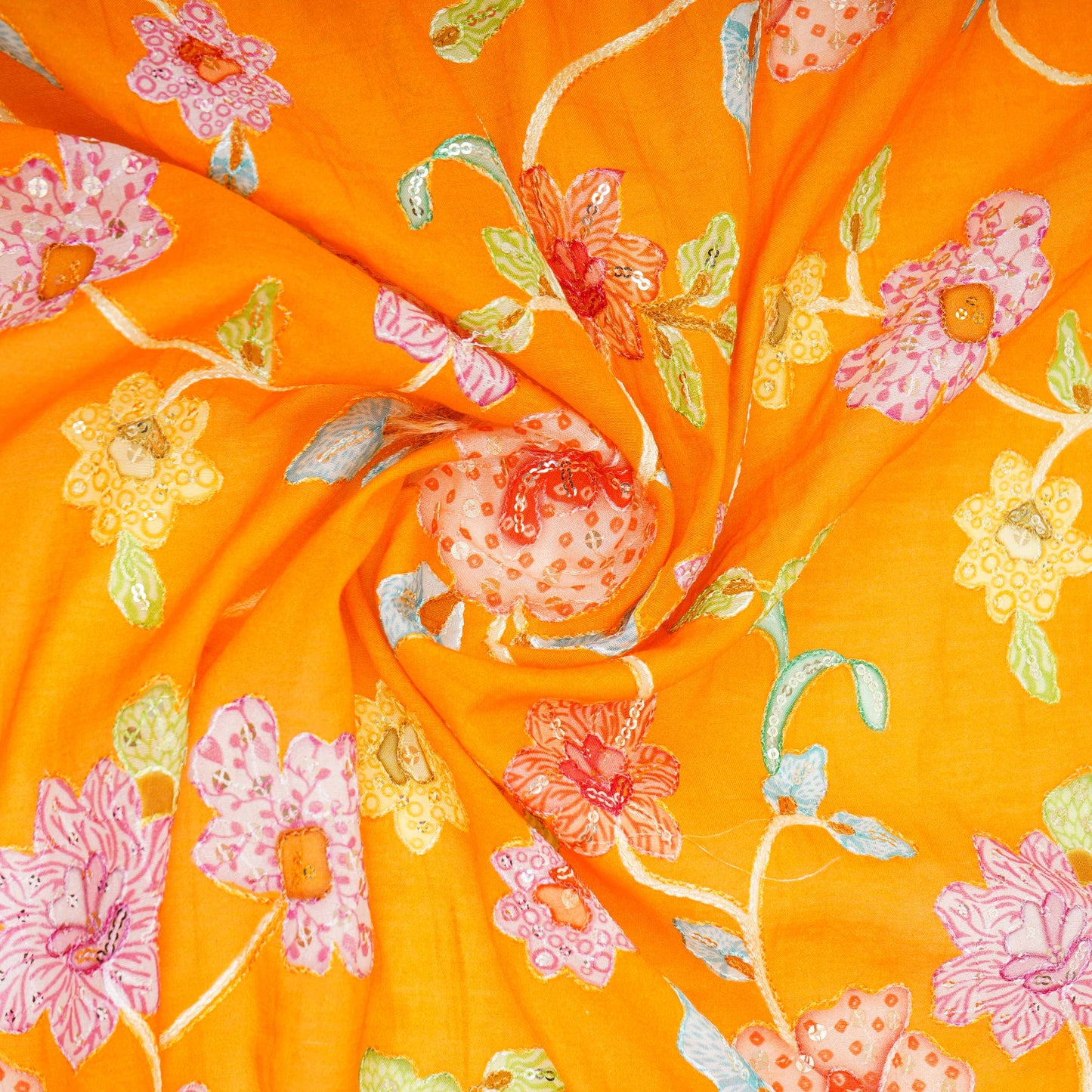 Mustard Yellow floral embroidery Mul Chanderi Fabric GTS-31131