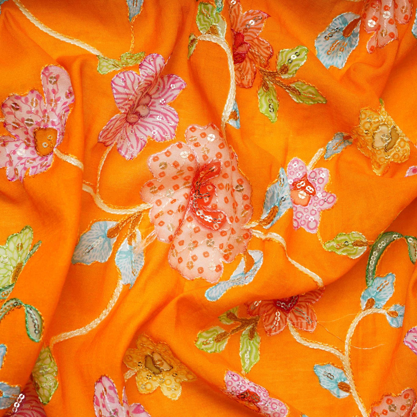 Mustard Yellow floral embroidery Mul Chanderi Fabric GTS-31131