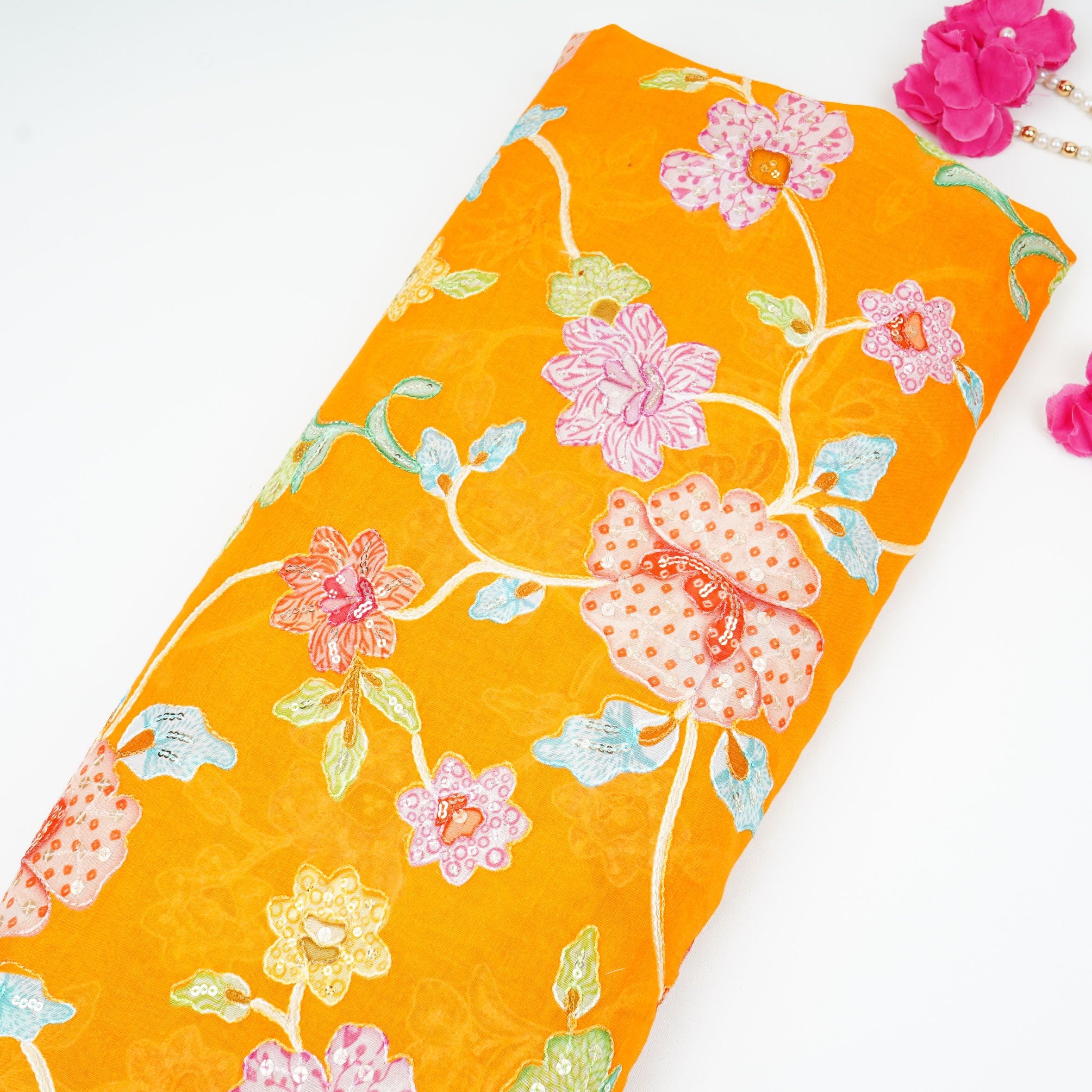 Mustard Yellow floral embroidery Mul Chanderi Fabric GTS-31131 - TradeUNO
