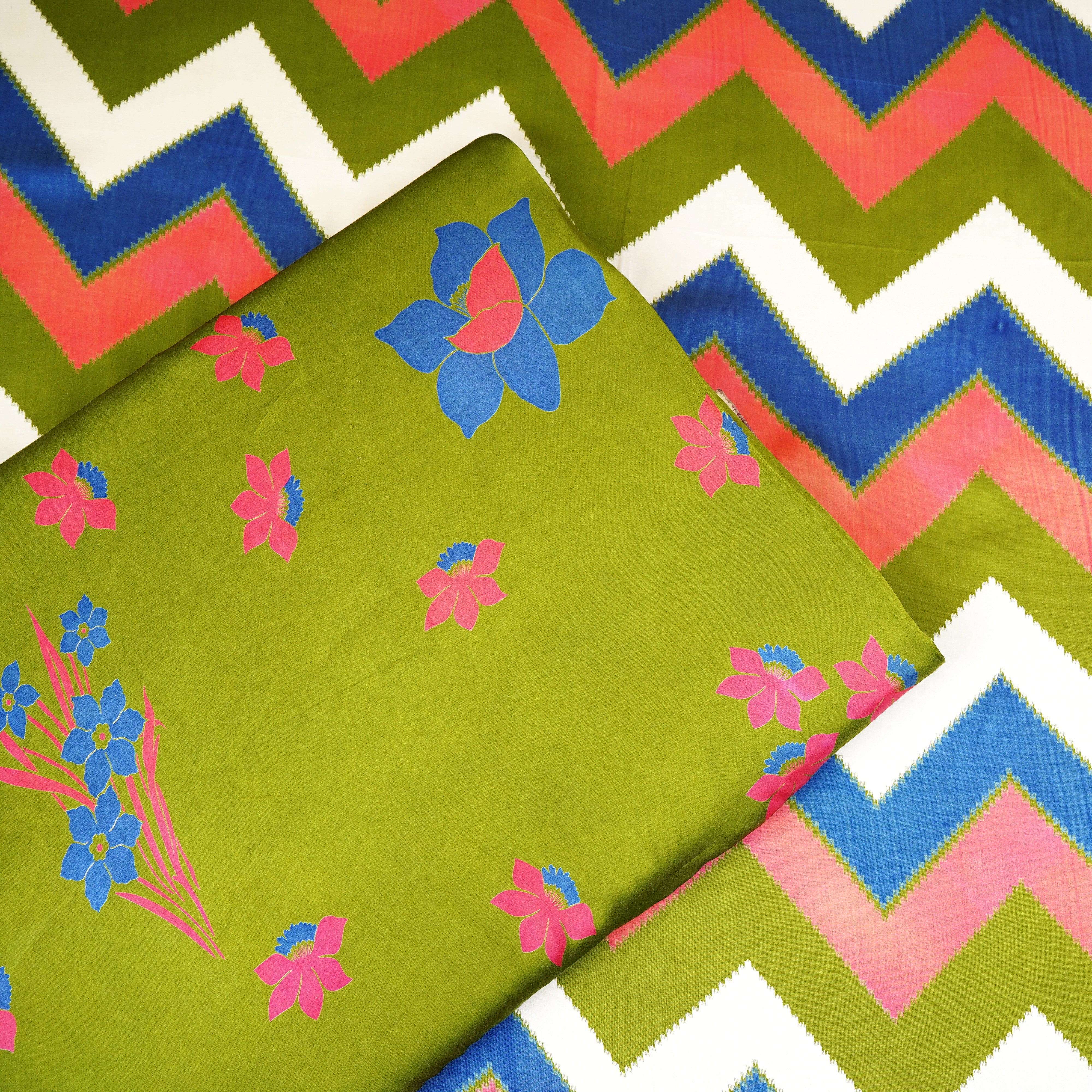 Green with Multicolor Chervon Print Modal Satin SN-29505 - TradeUNO