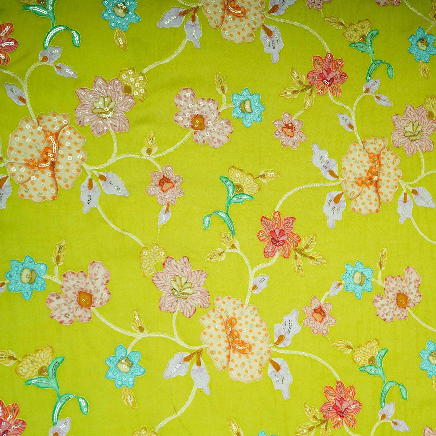 Parrot Green floral embroidery Mul Chanderi Fabric GTS-31133