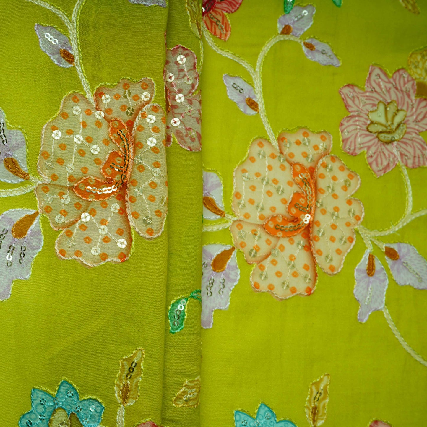 Parrot Green floral embroidery Mul Chanderi Fabric GTS-31133