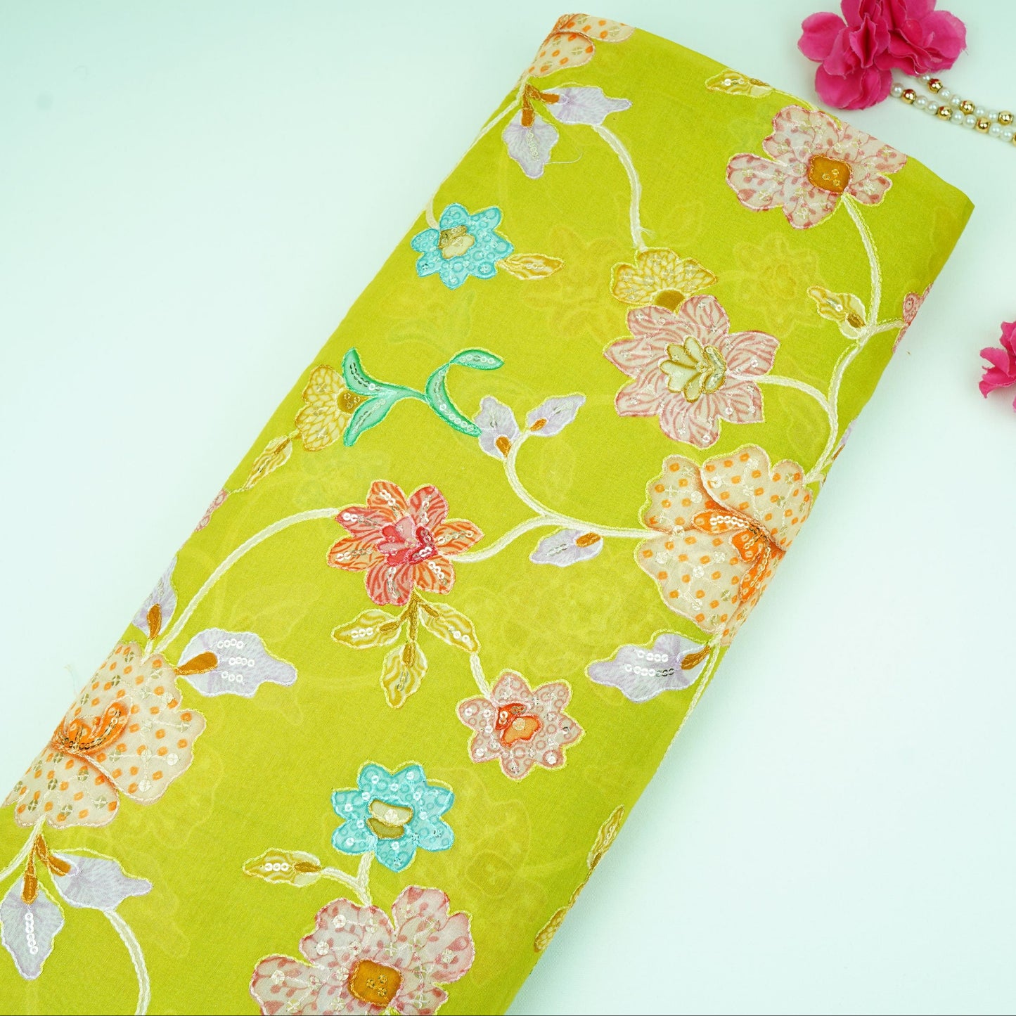 Parrot Green floral embroidery Mul Chanderi Fabric GTS-31133