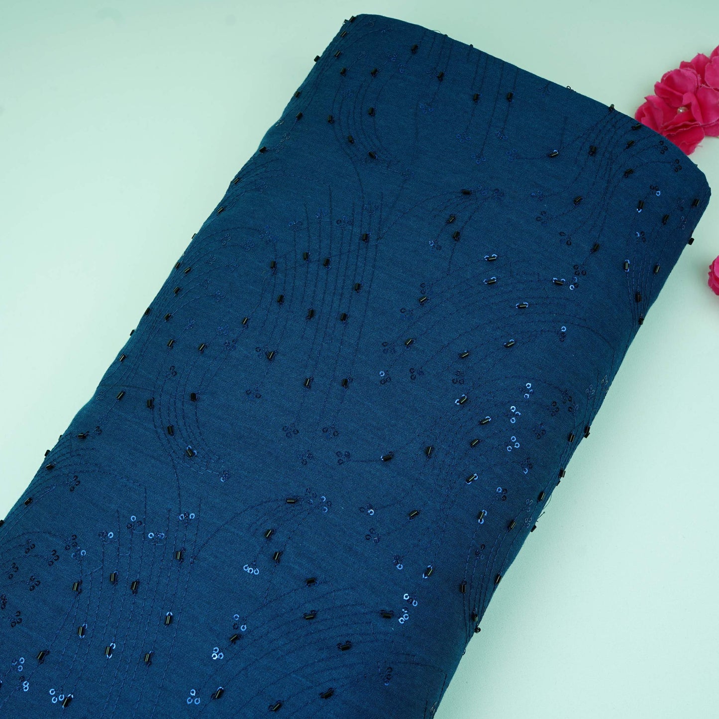 Blue Cutdana Embroidery Denim Fabric TF-30599