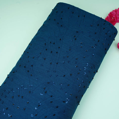 Blue Cutdana Embroidery Denim Fabric TF-30599