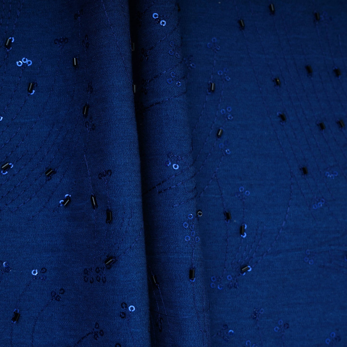Blue Cutdana Embroidery Denim Fabric TF-30599