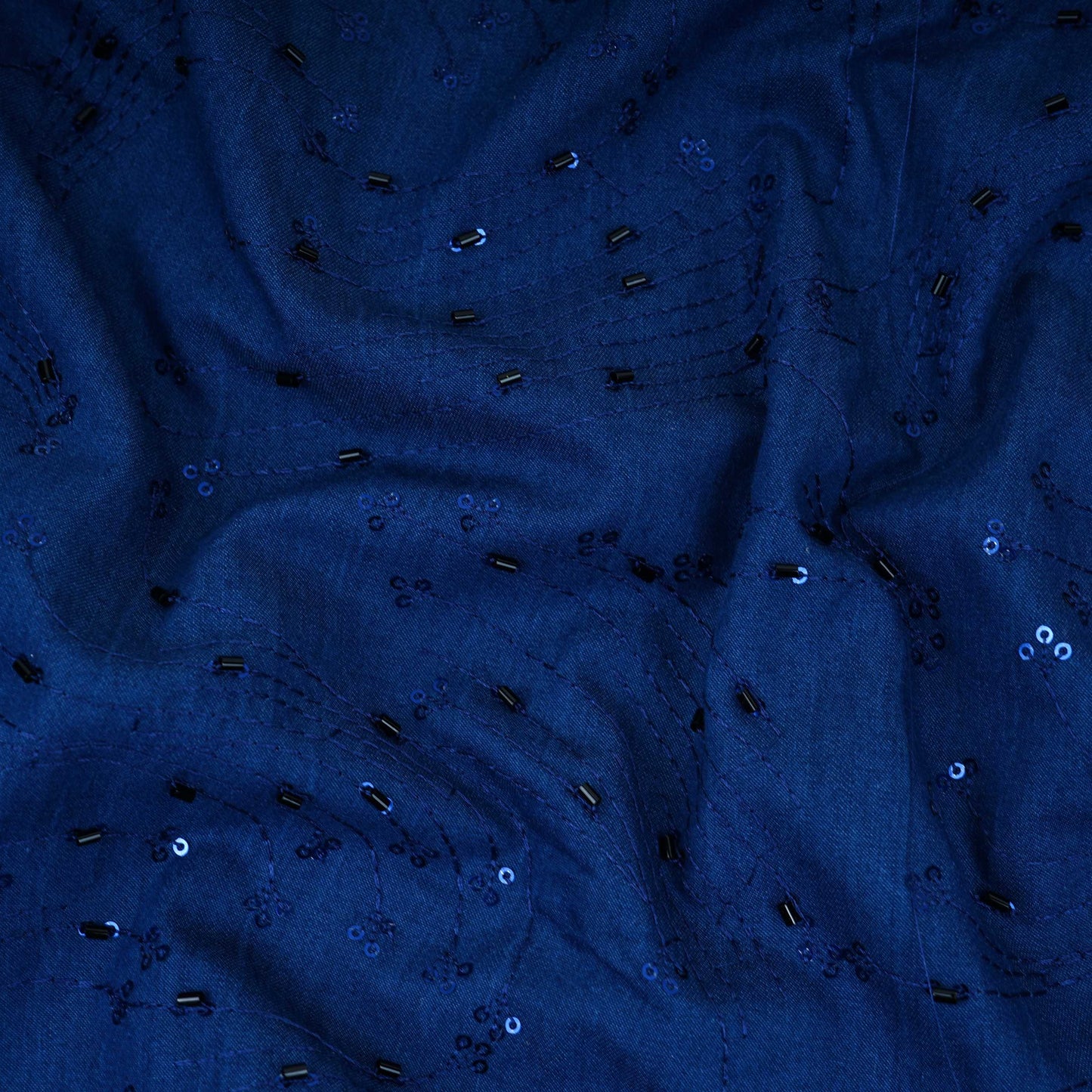 Blue Cutdana Embroidery Denim Fabric TF-30599