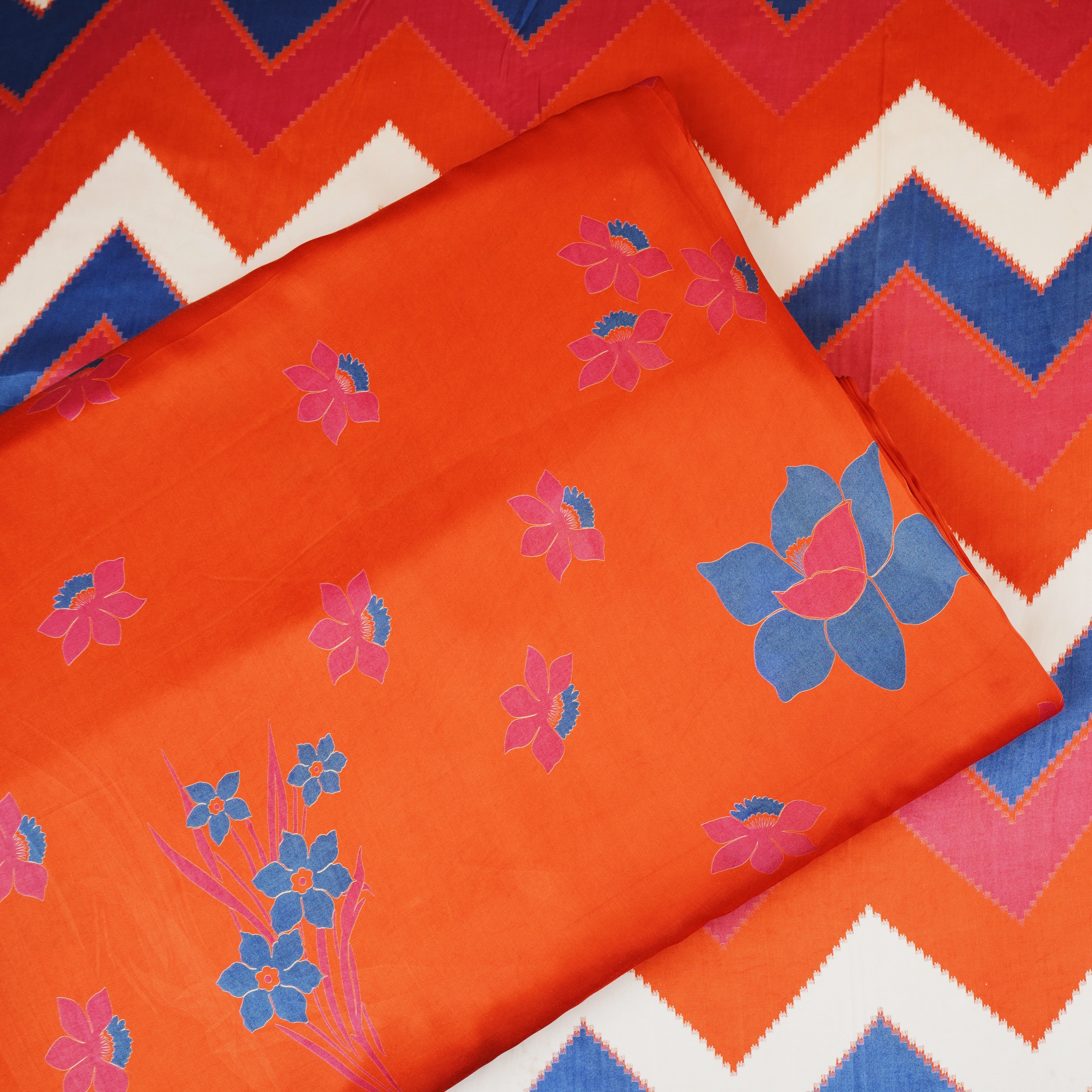 Orange Floral Print Modal Satin SN-29524 - TradeUNO