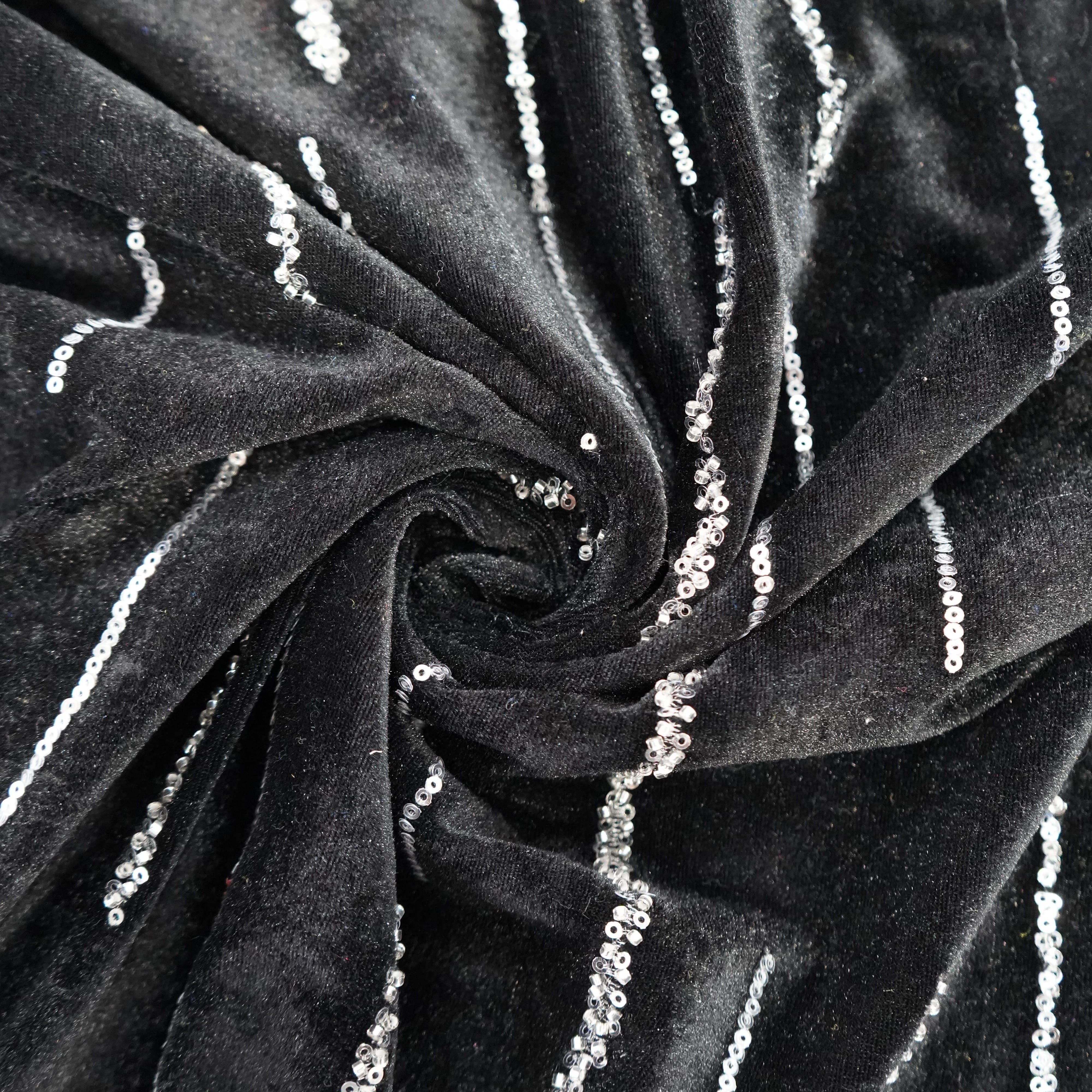 Black Cutdana Embroidery Velvet Fabric 20885