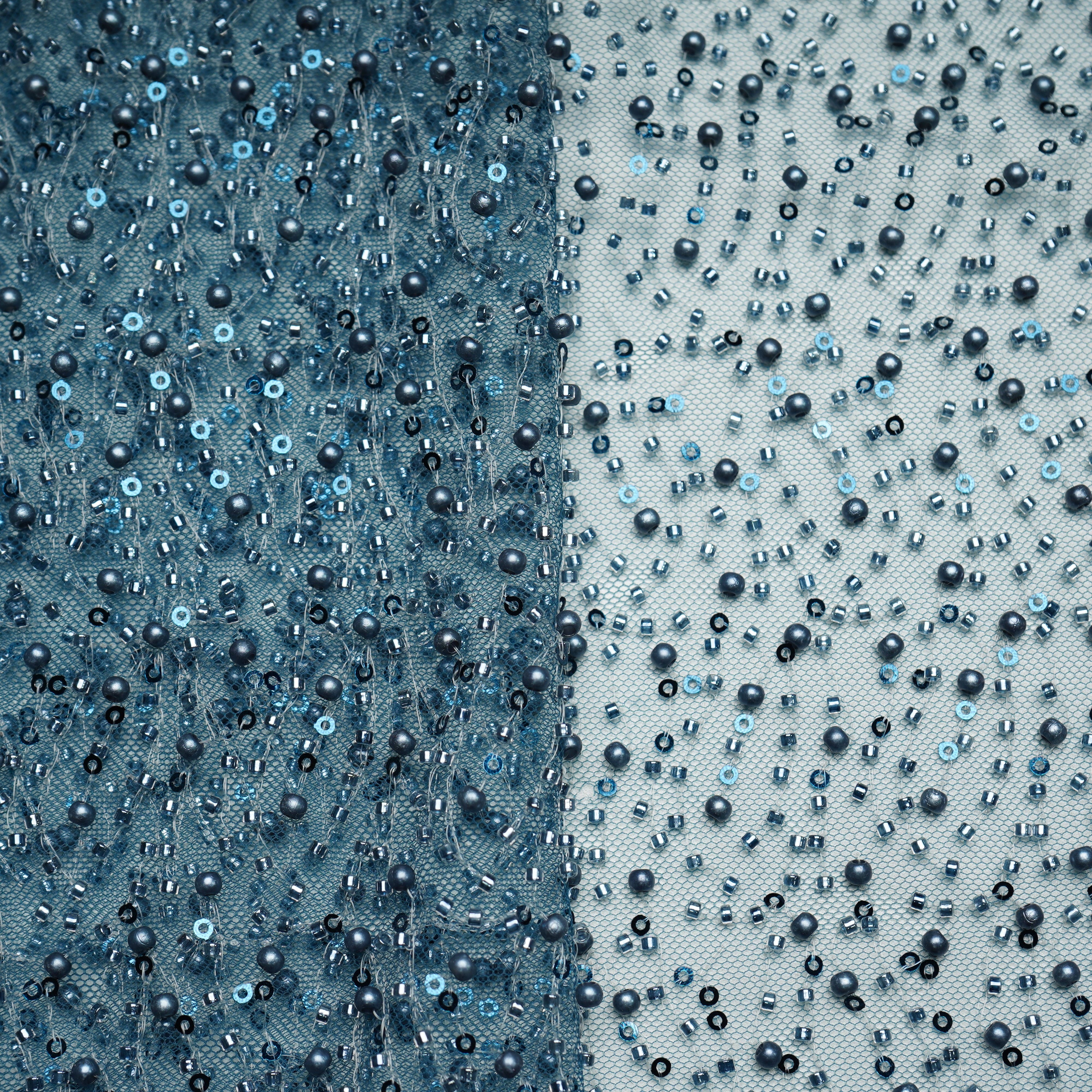 Teal Blue Heavy Pearl Cut Dana Embroidery Power Net Fabric 15066