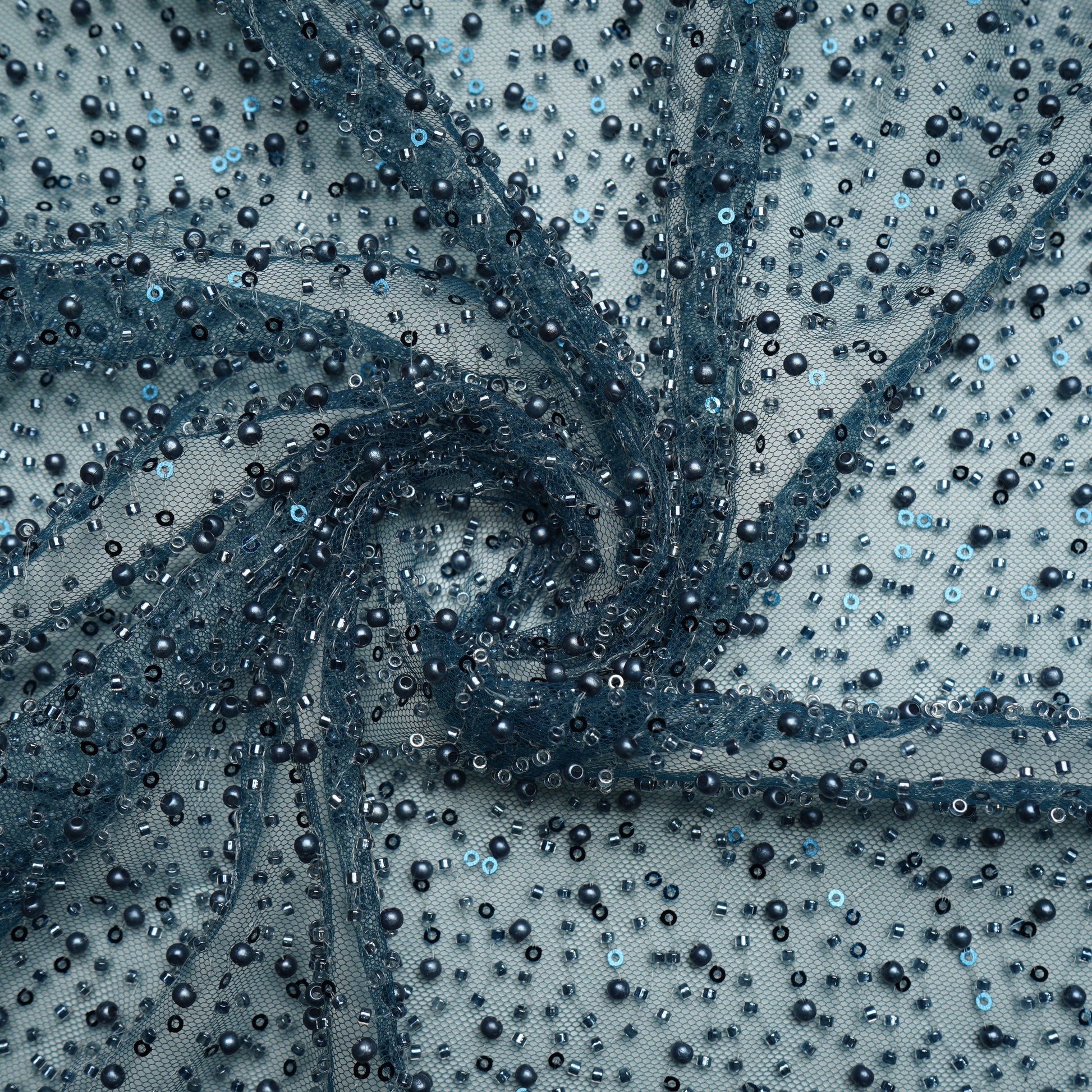 Teal Blue Heavy Pearl Cut Dana Embroidery Power Net Fabric 15066 Teal Blue Heavy Pearl Cut Dana Embroidery Power Net Fabric 15066