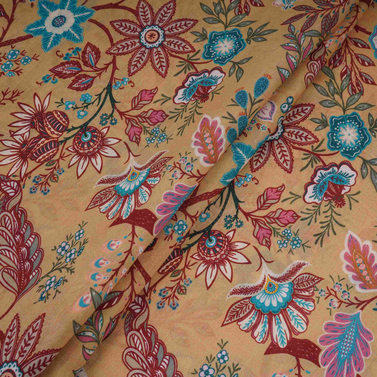 Olive Green with Multicolor Kalamkari print Pure Linen Fabric GTS-31330 - TradeUNO