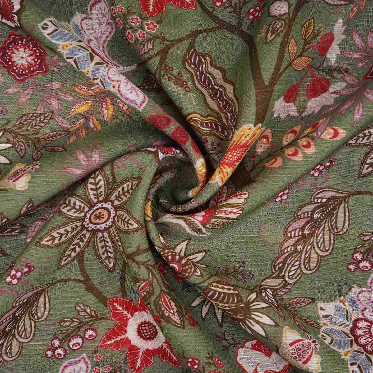 Mehendi Green with Multicolor Kalamkari print Pure Linen Fabric GTS-31331 - TradeUNO