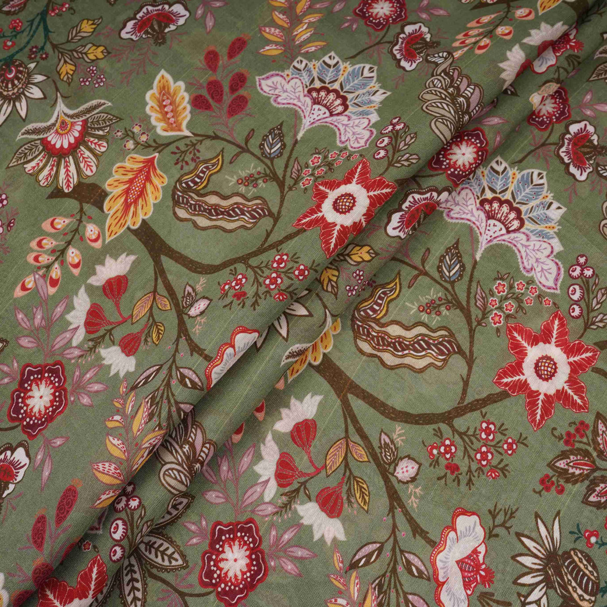 Mehendi Green with Multicolor Kalamkari print Pure Linen Fabric GTS-31331 - TradeUNO