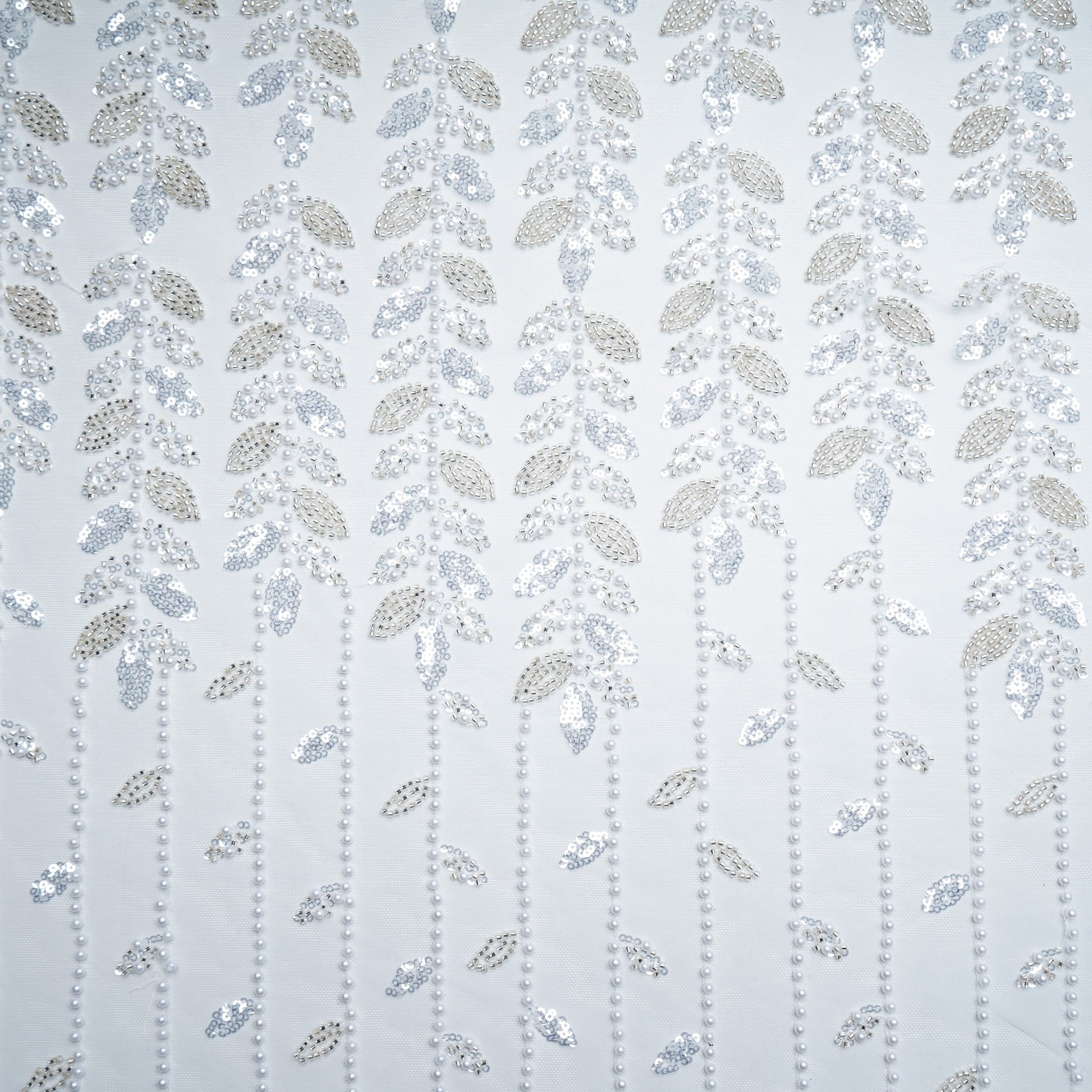 White Floral Pearl Cut Dana Embroidery Net Fabric 15078