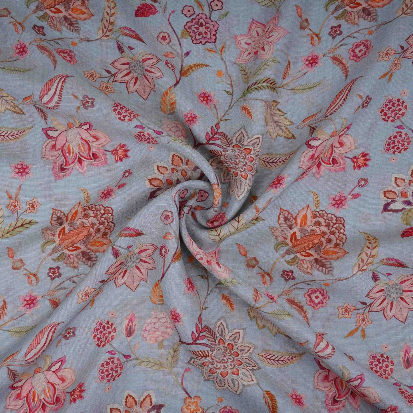 Ice Blue Chintz floral print Pure Linen Fabric GTS-31334