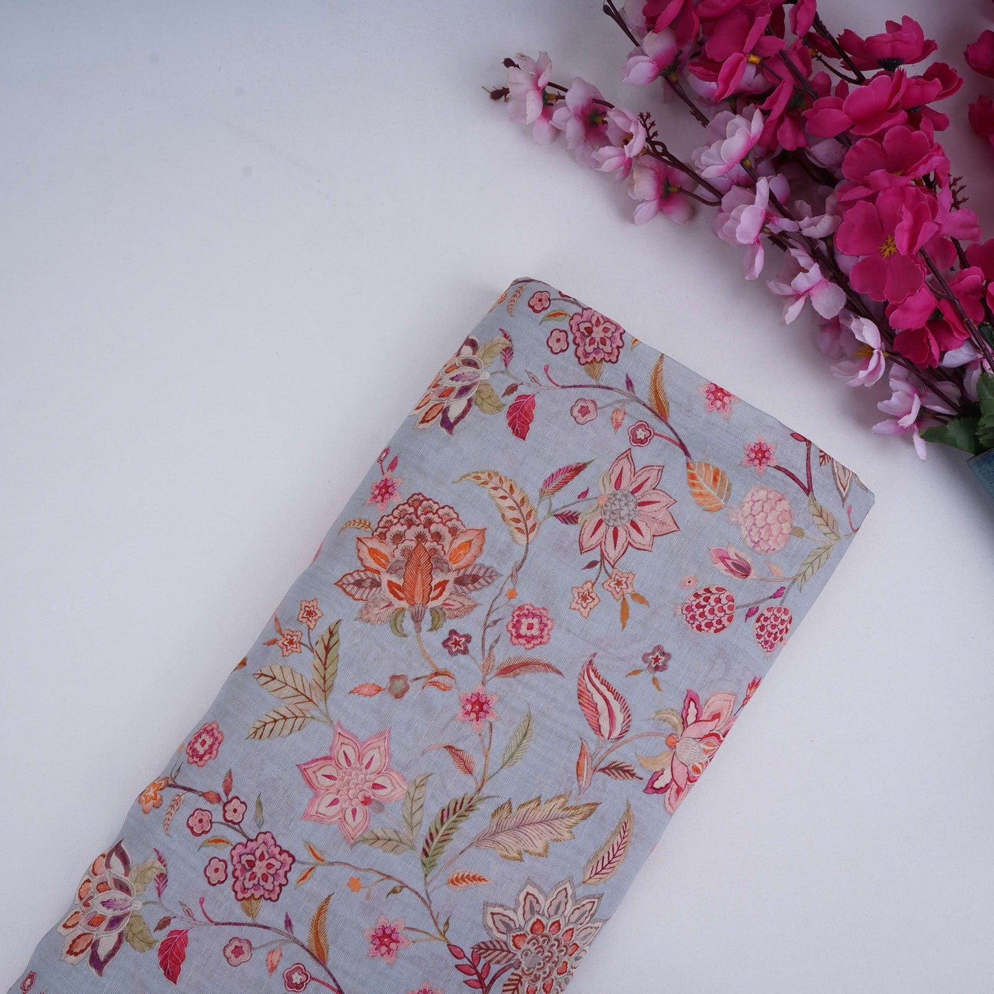 Ice Blue Chintz floral print Pure Linen Fabric GTS-31334