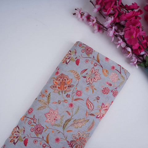 Ice Blue Chintz floral print Pure Linen Fabric GTS-31334