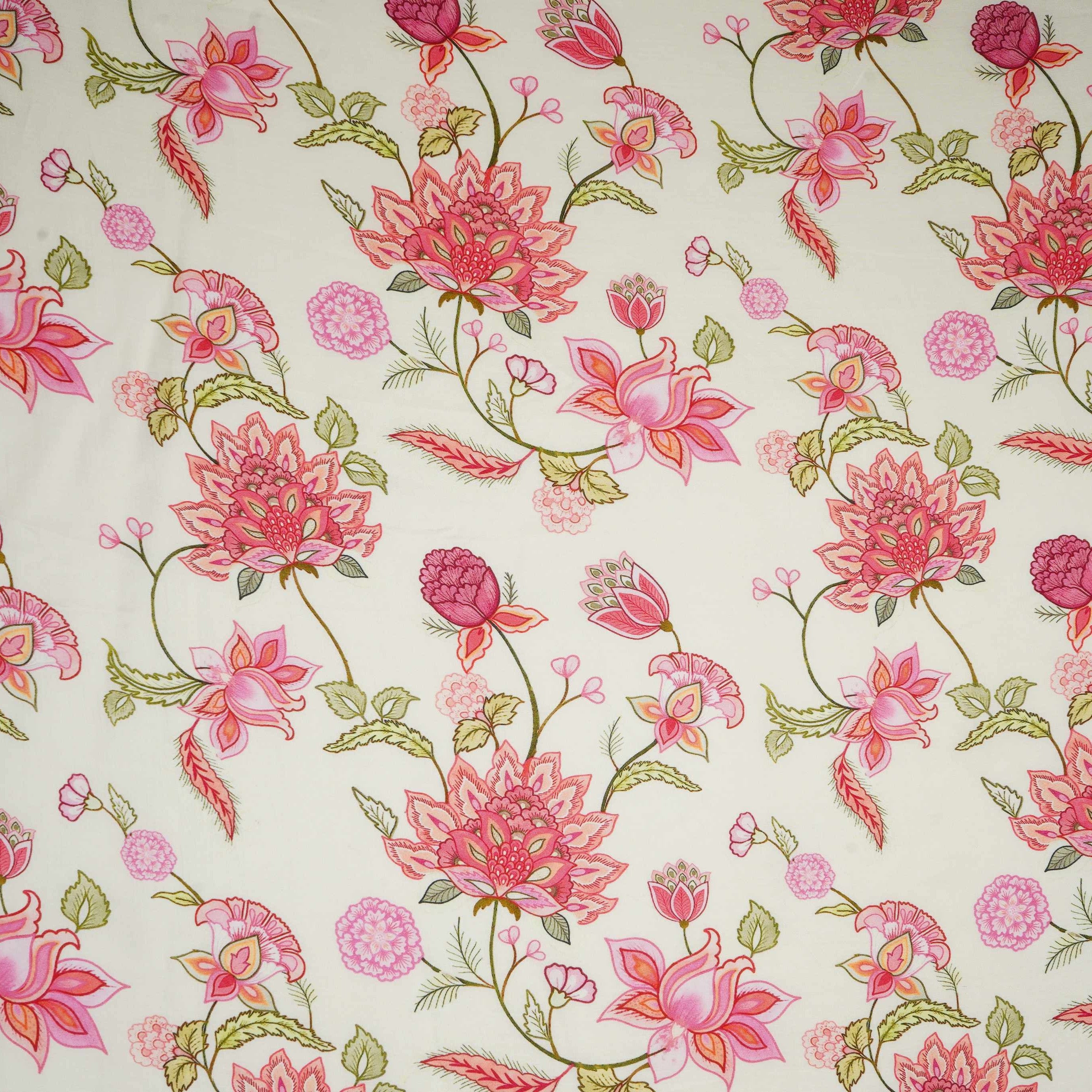 Ivory Mughal Floral Print Muslin Fabric GTS-30950 - TradeUNO