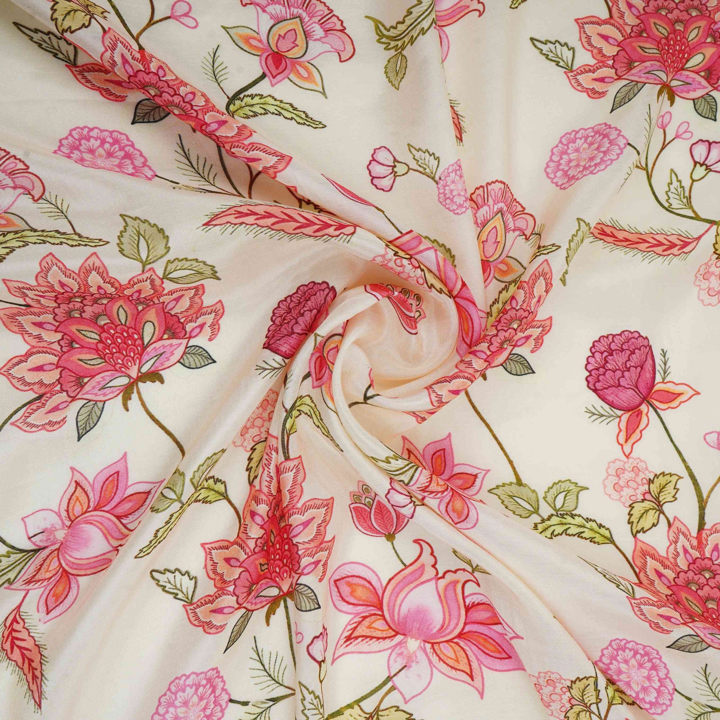Ivory Mughal Floral Print Muslin Fabric GTS-30950 - TradeUNO