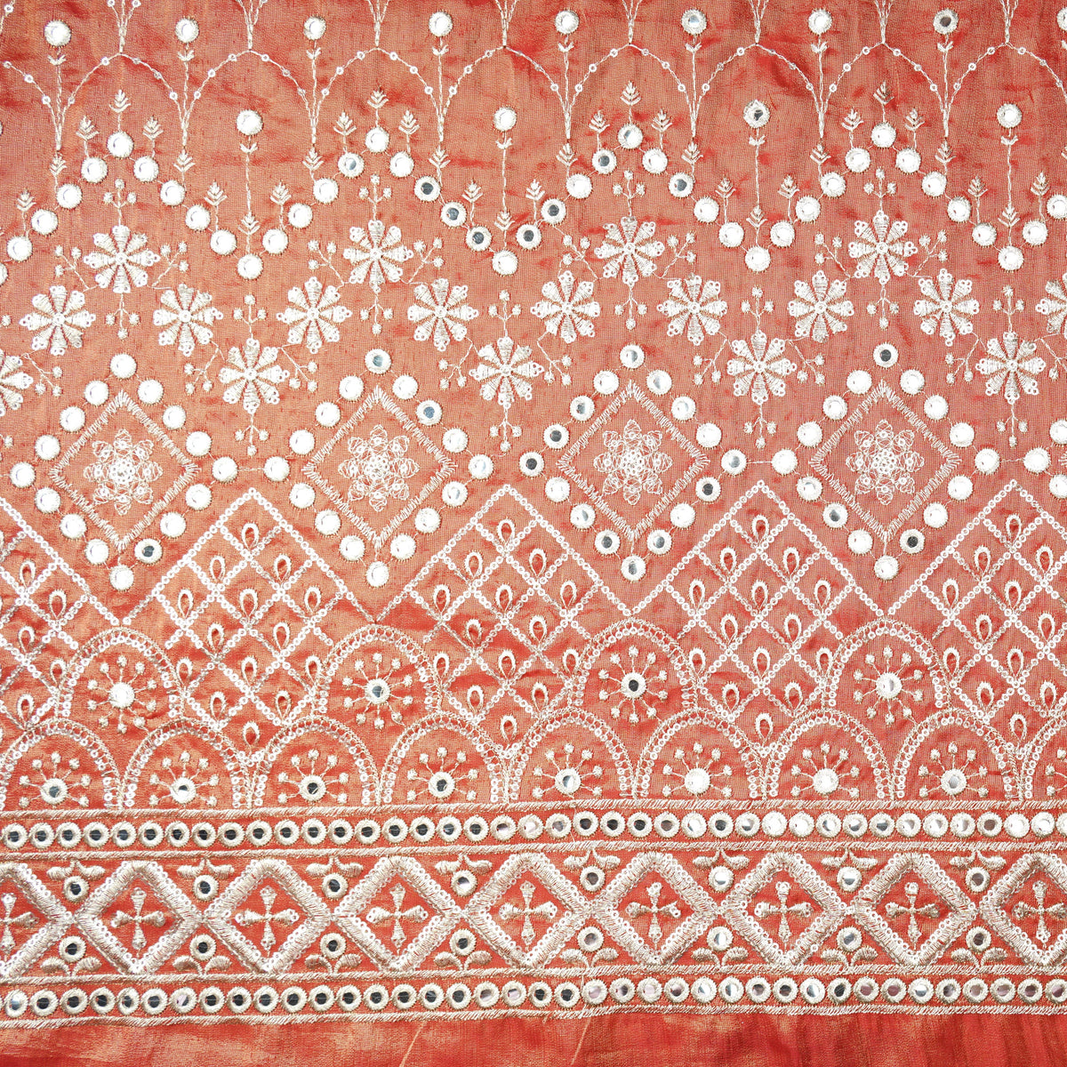 Orange Thread Sequins Embroidery Tissue Organza Fabric 21044