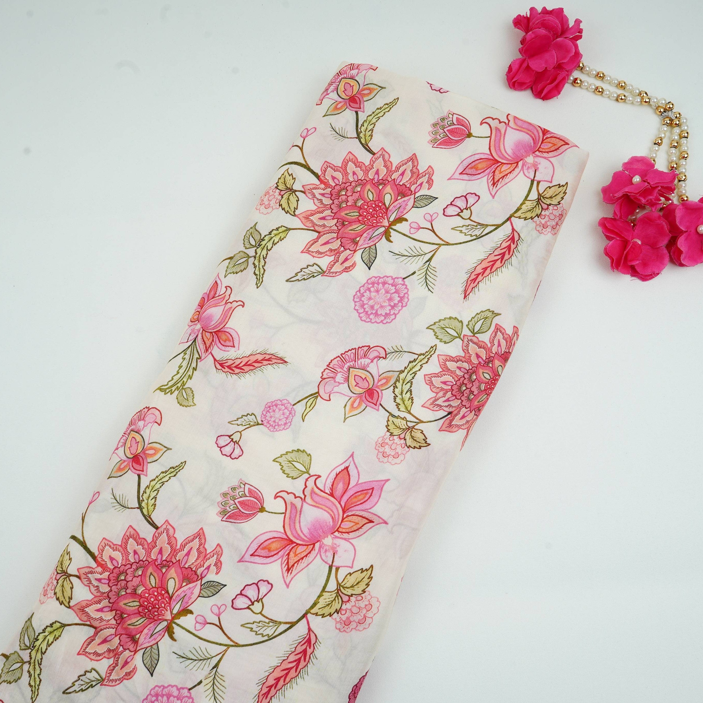 Ivory Mughal Floral Print Muslin Fabric GTS-30950 - TradeUNO