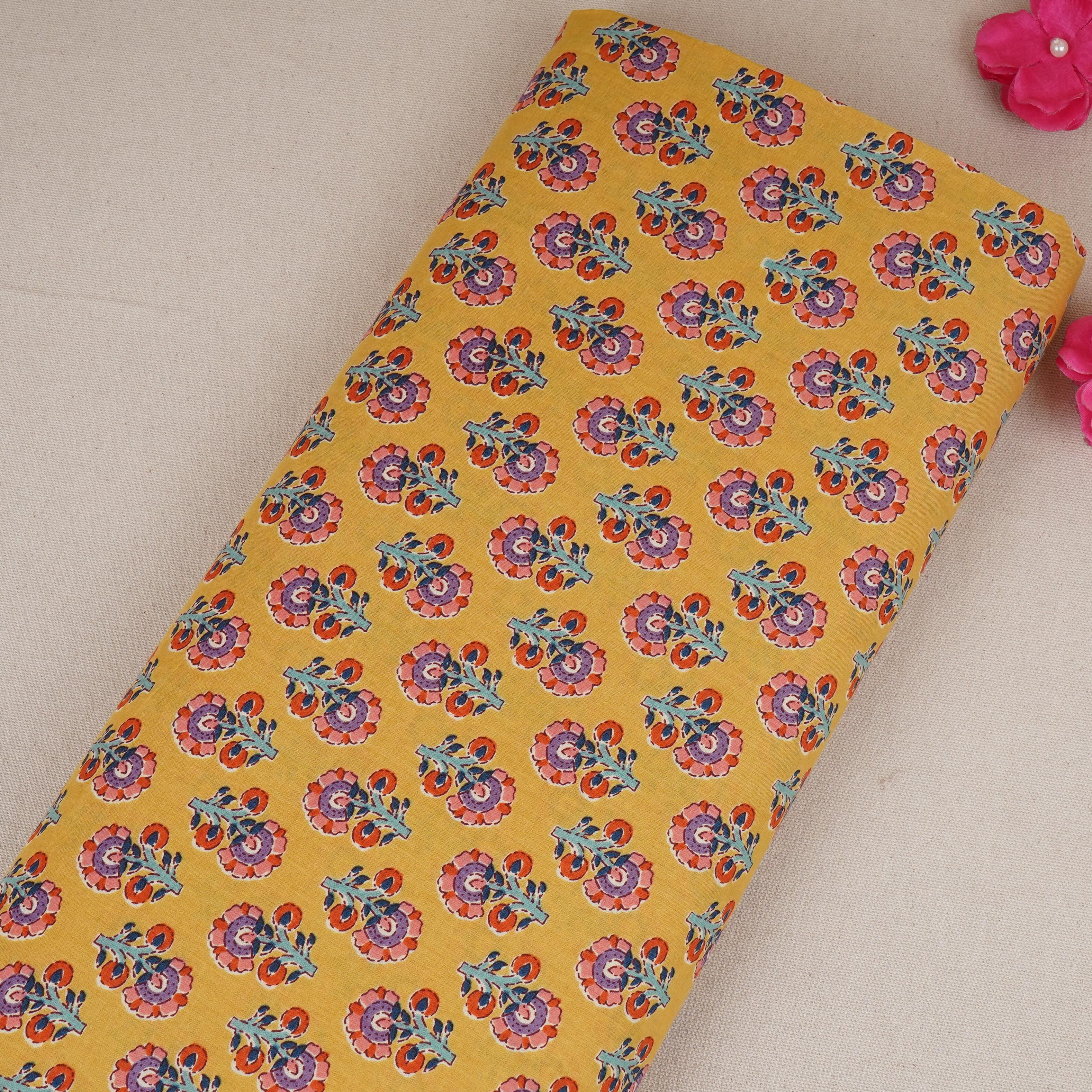 Mustard Yellow Floral Print Cotton Fabric AFI-29561 - TradeUNO