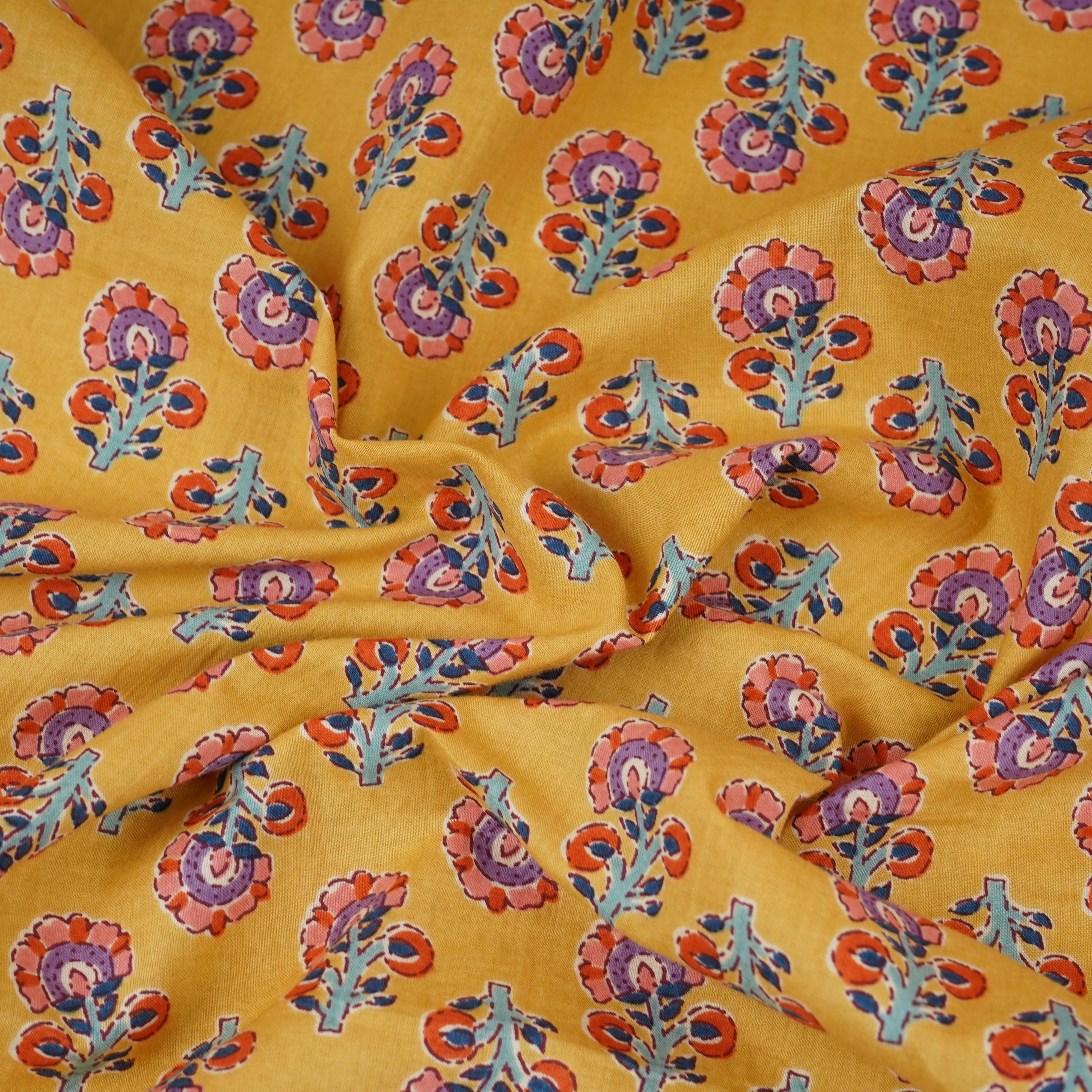 Mustard Yellow Floral Print Cotton Fabric AFI-29561 - TradeUNO