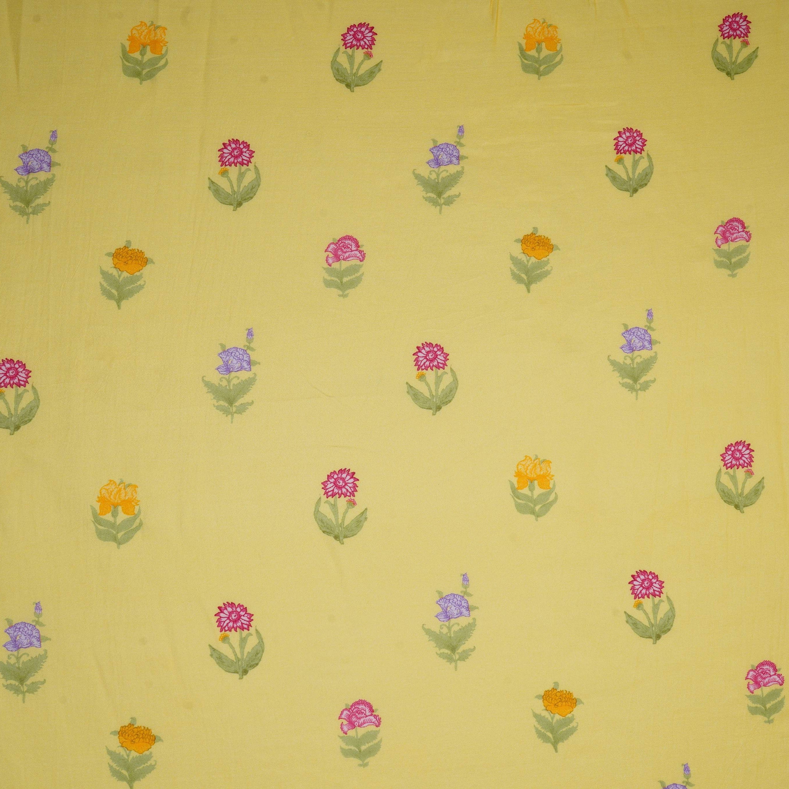 Pastel Yellow Floral Print Muslin Fabric GTS-30940 - TradeUNO