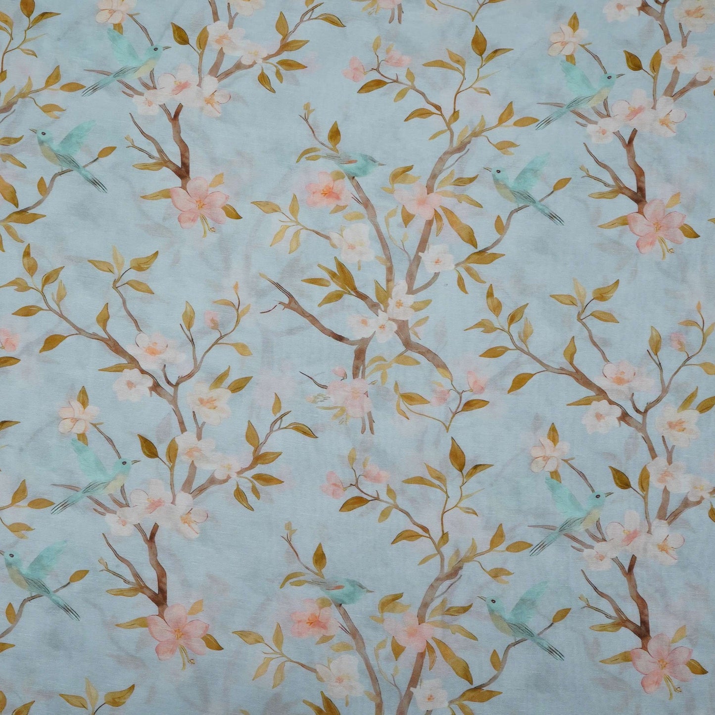 Ice Blue floral print Pure Linen Fabric GTS-31340