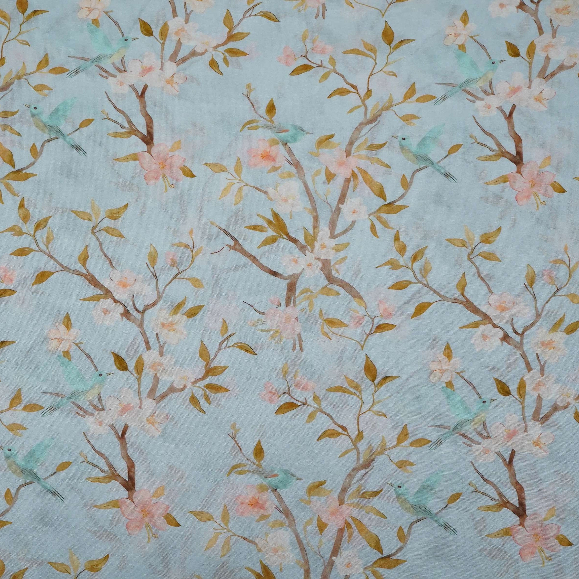 Ice Blue floral print Pure Linen Fabric GTS-31340 - TradeUNO