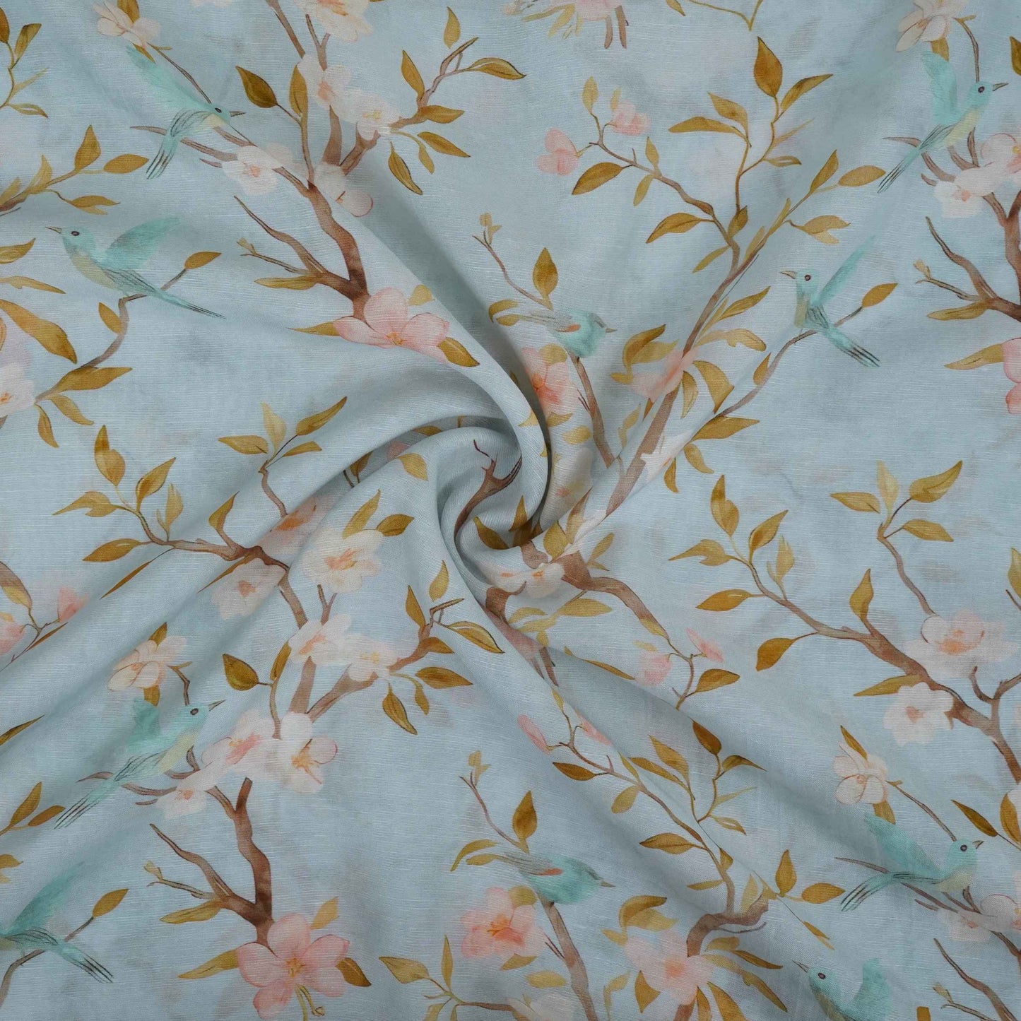 Ice Blue floral print Pure Linen Fabric GTS-31340