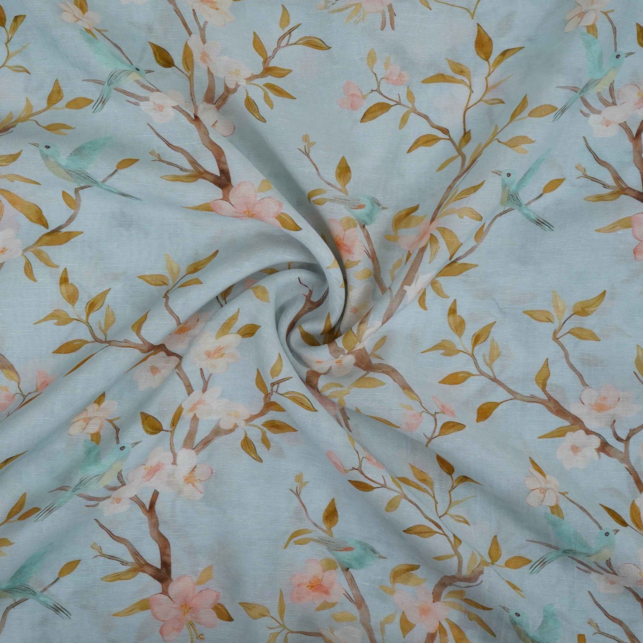 Ice Blue floral print Pure Linen Fabric GTS-31340 - TradeUNO