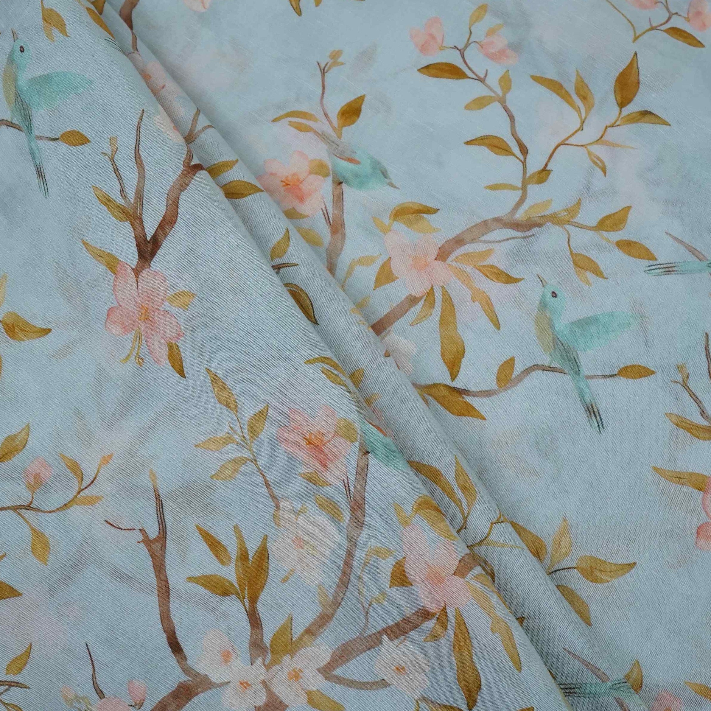 Ice Blue floral print Pure Linen Fabric GTS-31340 - TradeUNO